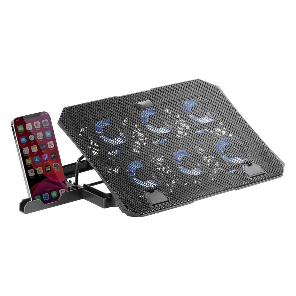 Mars Gaming MNBC23, Base Refrigeradora y Stand 16”, 6 Ventiladores Controlables con LED Azul, Stand 6 Posiciones, Soporte Smartphone, 2 USB 2.0, Negro