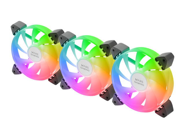 Mars Gaming MF-3A, Kit 3x Ventiladores FDB Ultrasilenciosos 120mm, Iluminación ARGB Rainbow 360º Sin Marco, Ventialdores 3en1 con Compatibilidad Total ARGB, Doble Conector ARGB Macho + Hembra, Negro - Imagen 2
