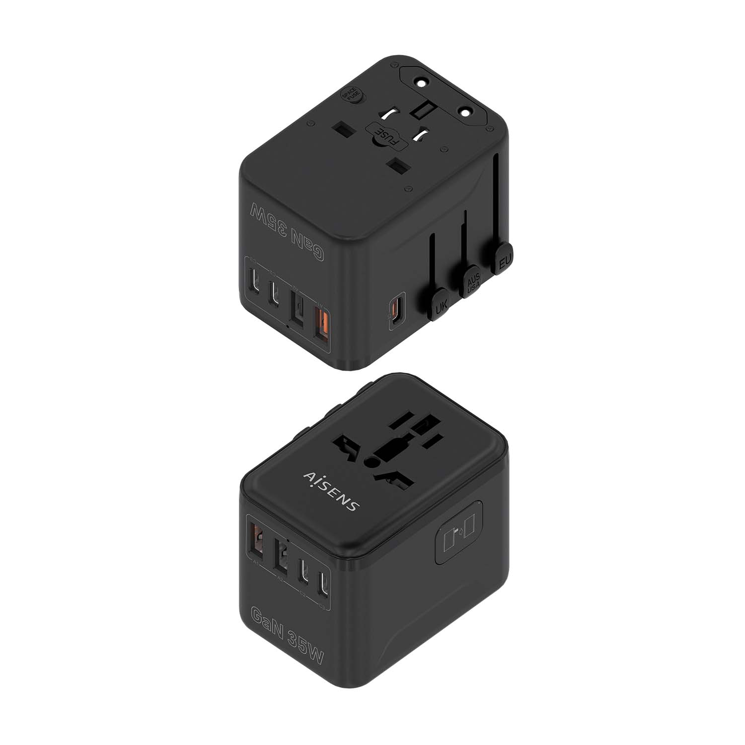 AISENS Adaptador Enchufe Universal Para Viaje EU/USA/UK/AU Con Cargador USB GaN, 2xUSB-A (A1 QC3.0), 3xUSB-C (C1 PD3.0) 35W, Negro - Imagen 2