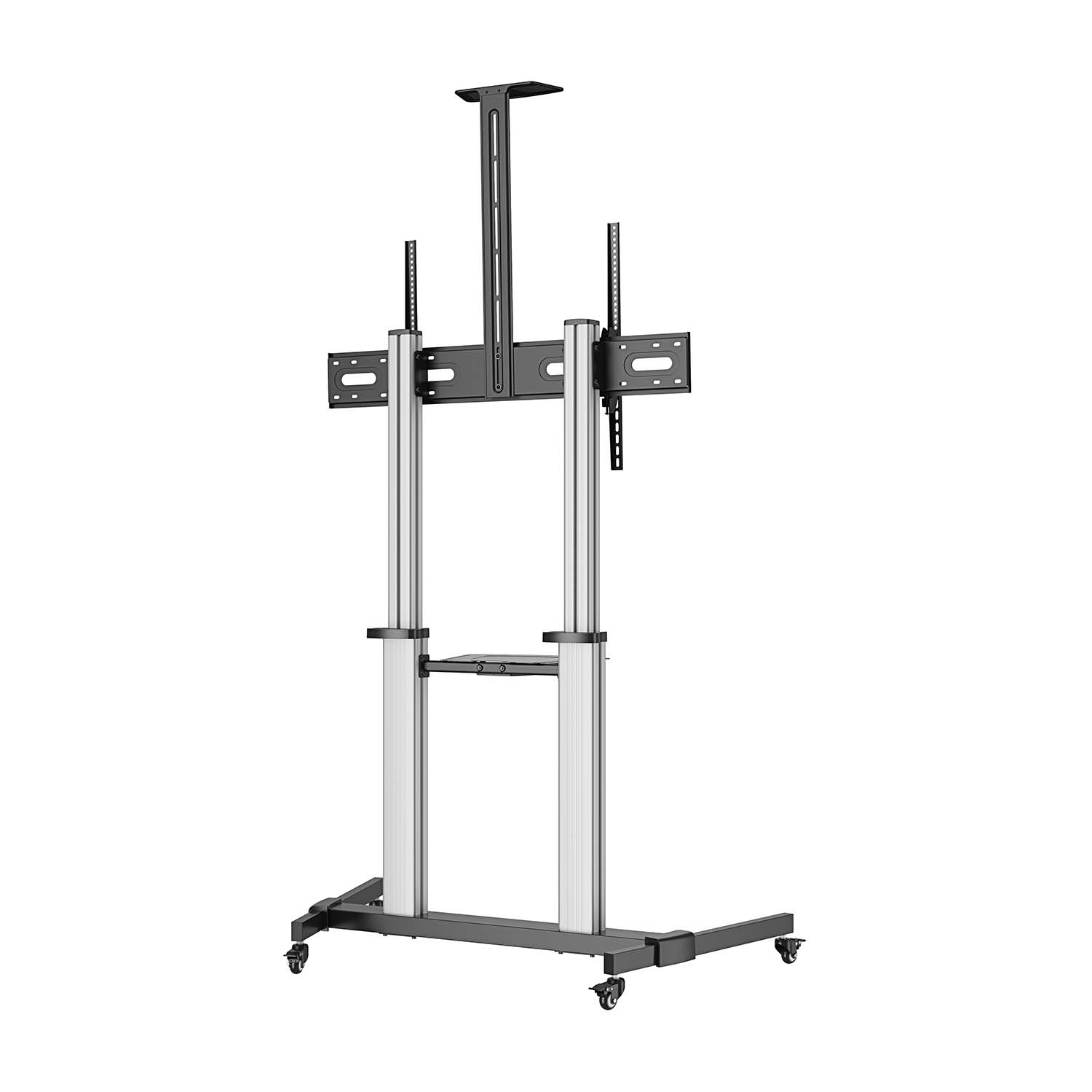 AISENS Soporte de suelo PRO con ruedas, bandeja para DVD y soporte de cámara para Monitor/TV 100Kg de 60-100, Negro-Plata - Imagen 3