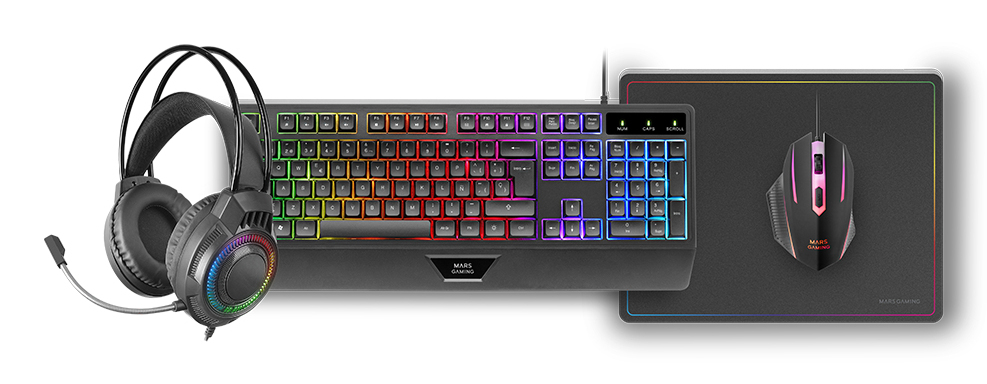 Mars Gaming MCP124PRO, Combo Gaming 4en1, Teclado RGB H-Mech con Reposamuñecas, Ratón RGB 3200DPI y Switches HUANO, Auriculares FRGB, Alfombrilla Nanotextil 36x26cm, Multiplataforma, Español, Negro - Imagen 2