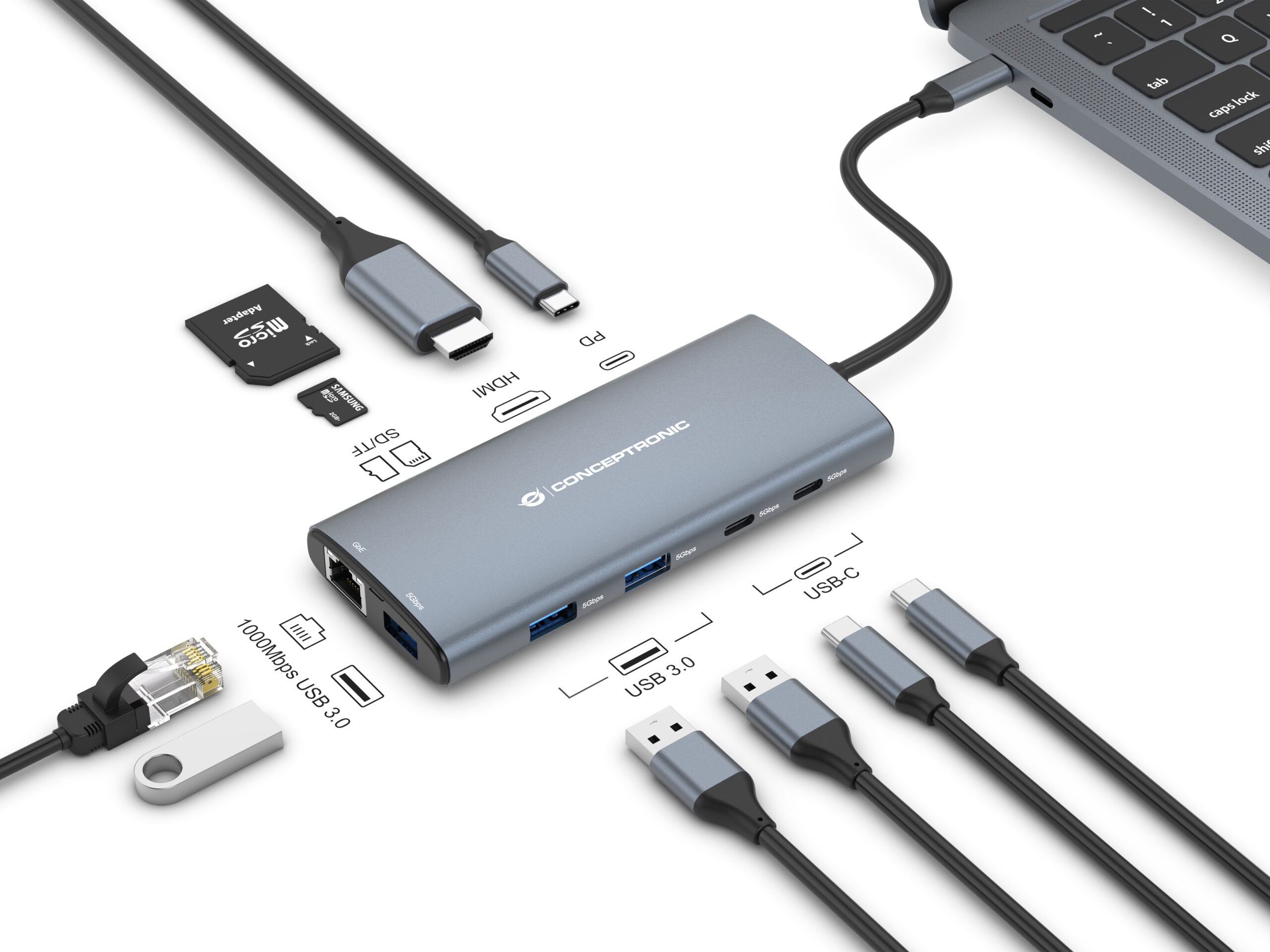 Conceptronic DONN06G base para portátil y replicador de puertos Alámbrico USB 3.2 Gen 1 (3.1 Gen 1) Type-C Gris - Imagen 3