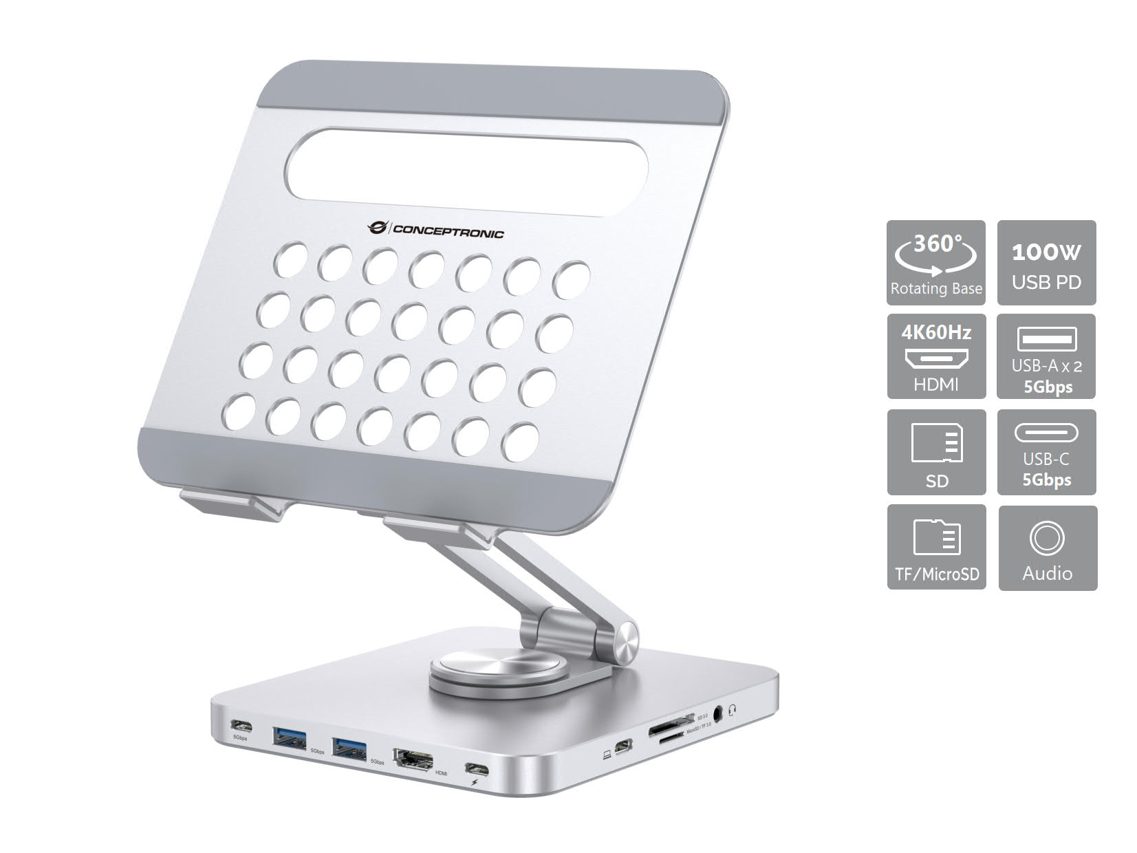 Conceptronic DONN26G mueble y soporte para dispositivo multimedia Plata Tableta Carro para administración de tabletas