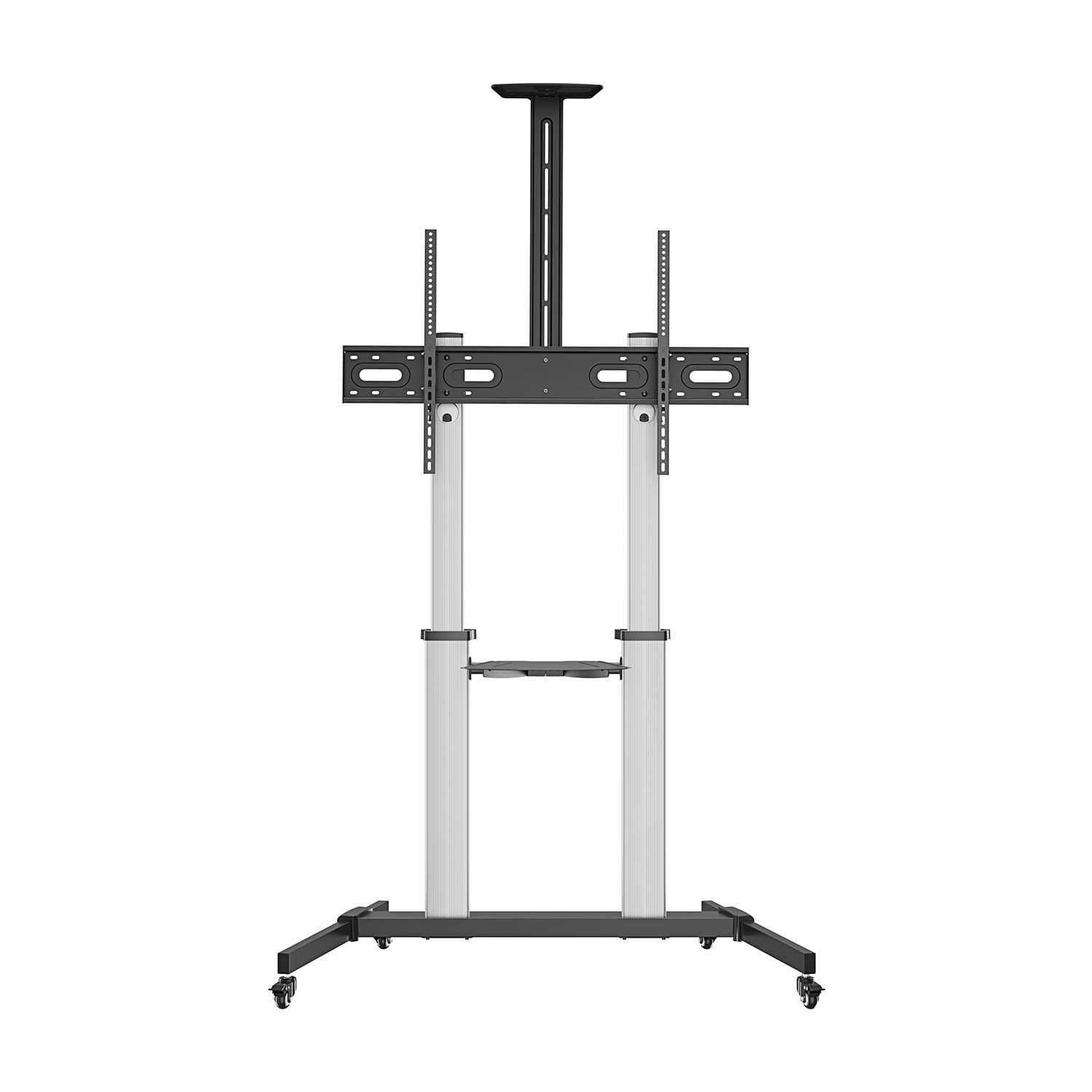 AISENS Soporte de suelo PRO con ruedas, bandeja para DVD y soporte de cámara para Monitor/TV 100Kg de 60-100, Negro-Plata - Imagen 2