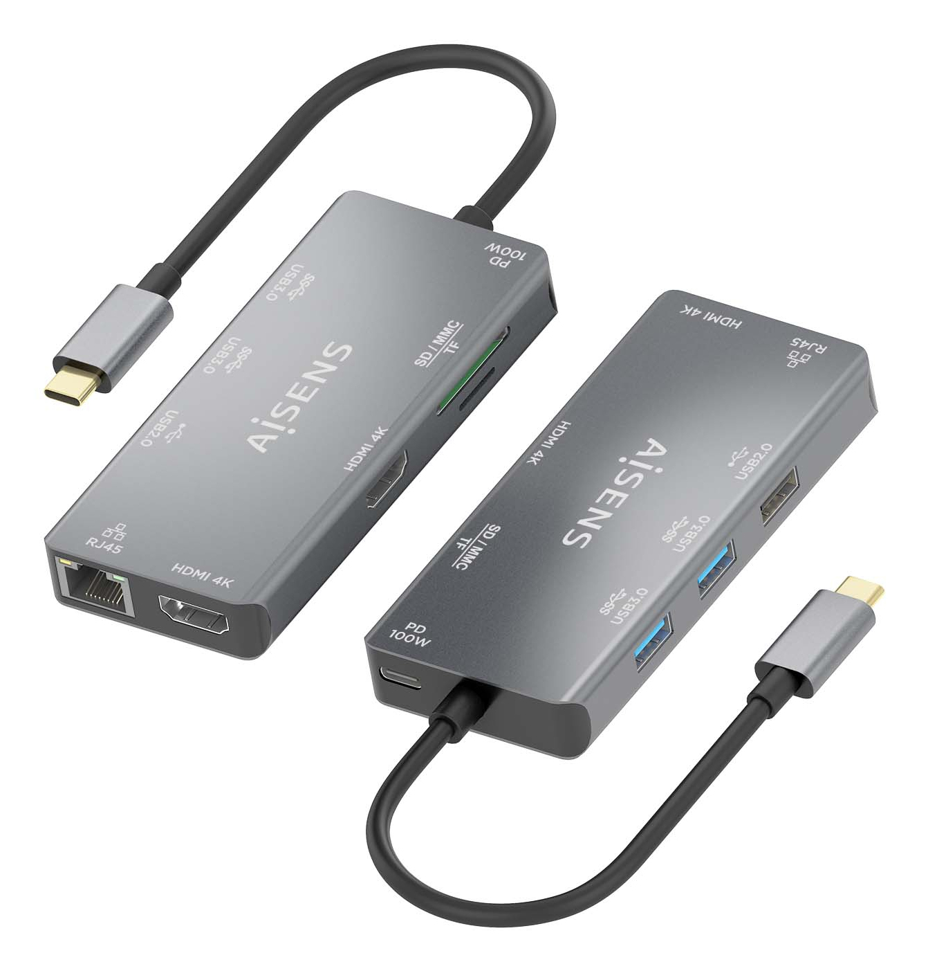 AISENS USB-C Dock 9 En 1, USB-C a 2xHDMI, 1xRJ45, 2xUSB-A USB3.0, 1xUSB-A USB2.0, 1xUSB-C PD, 1xSD, 1xMicro SD, Gris, 15cm - Imagen 3