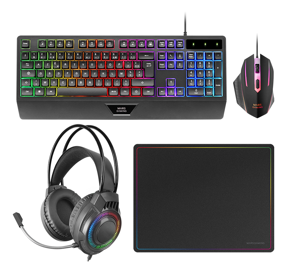 Mars Gaming MCP124PRO, Combo Gaming 4en1, Teclado RGB H-Mech con Reposamuñecas, Ratón RGB 3200DPI y Switches HUANO, Auriculares FRGB, Alfombrilla Nanotextil 36x26cm, Multiplataforma, Español, Negro