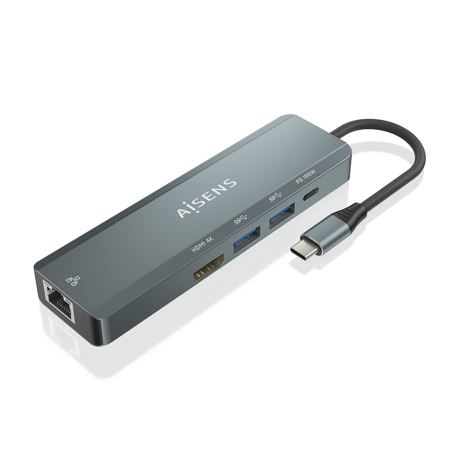 AISENS USB-C Dock 5 en 1, USB-C a 1xHDMI, 1xRJ45, 2xUSB, 1xPD, Gris, 15 cm - Imagen 2