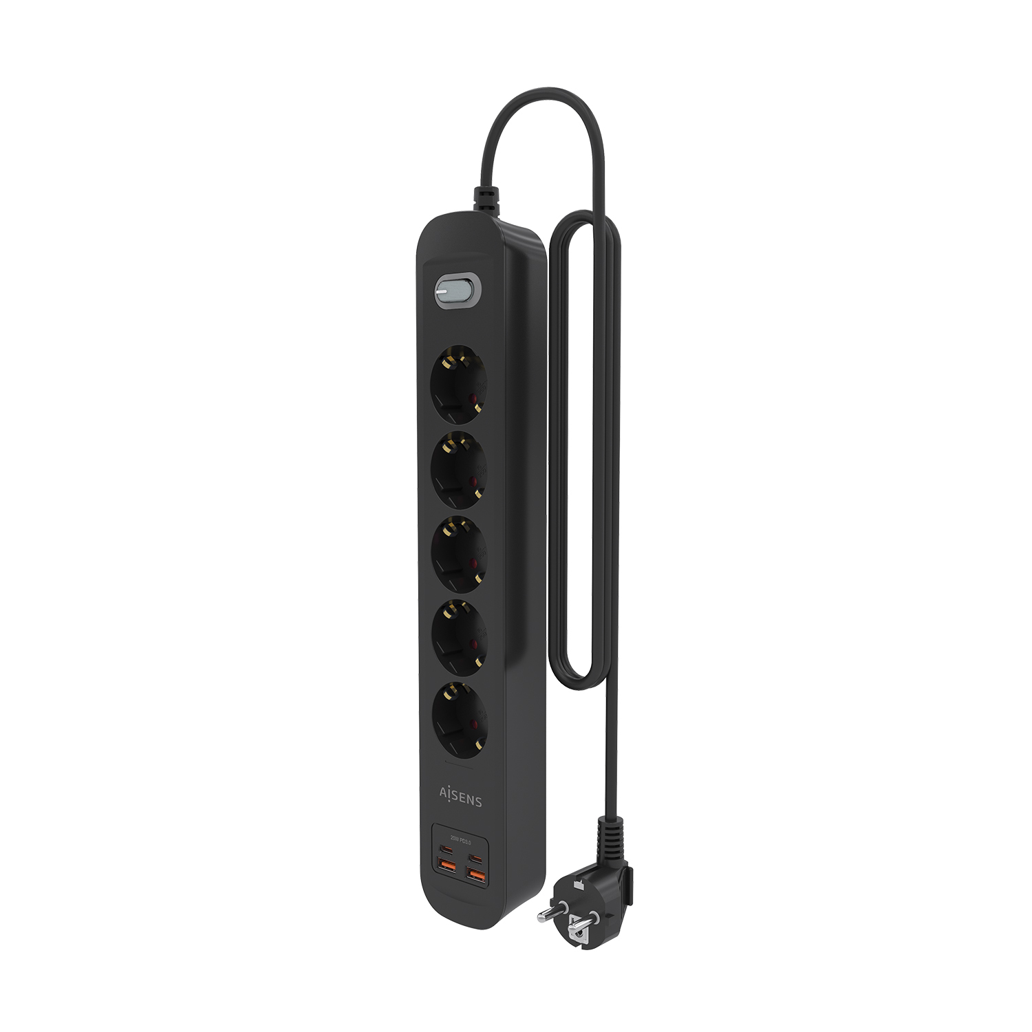AISENS Regleta de Enchufes Multifuncion con 5 Tomas + Cargador PD3.0 20W 2xUSB-C, 2xUSB-A, 1.4m, Negro - Imagen 3