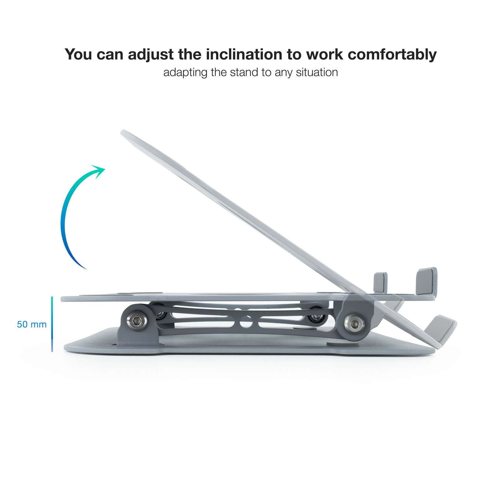 TooQ Soporte Elevador de Aluminio Ajustable Ergonómico para Portátiles, Gris - Imagen 2