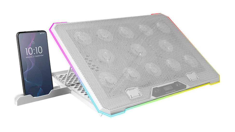 Mars Gaming MNBC13, Base Refrigeradora y Stand para Portátiles Hasta 17”, Iluminación ARGB 10 Modos, 13x Ventiladores con LED Blanco, Regulable 8 Posiciones, Pantalla LCD, Soporte Smartphone, Blanco - Imagen 2