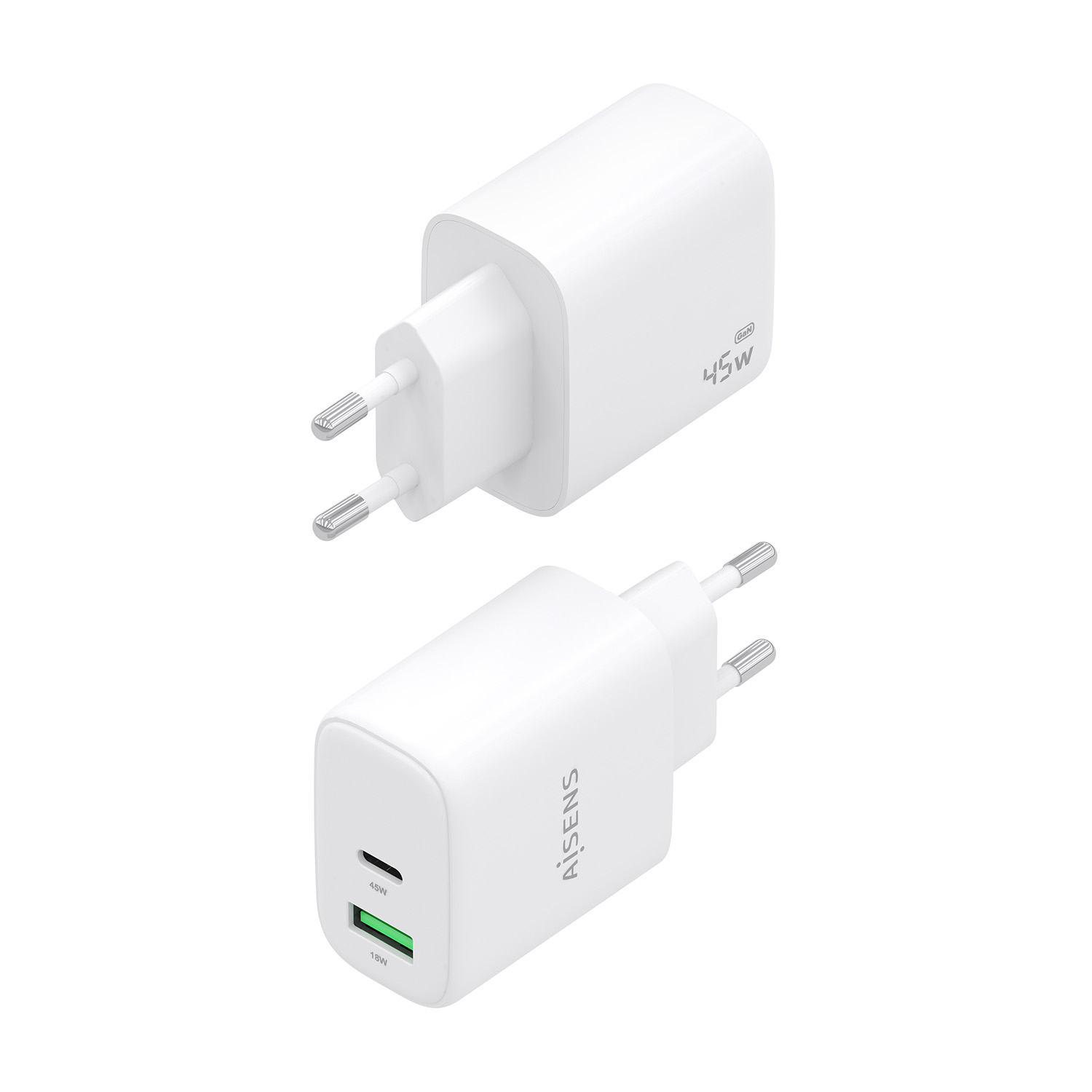 AISENS Cargador GaN 45W, 1xUSB-C PD3.0 QC4.0, 1xUSB-A QC3.0, Blanco - Imagen 3