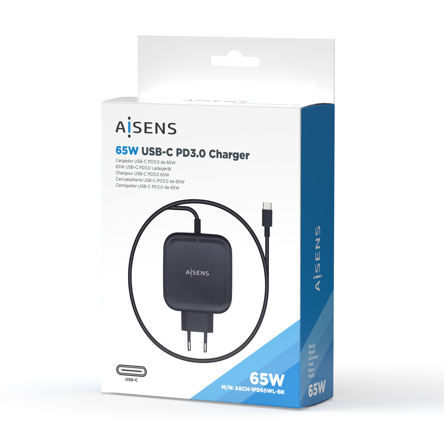 AISENS Cargador 65W PD3.0 QC3.0 1XUSB-C 1.2M, Negro - Imagen 3
