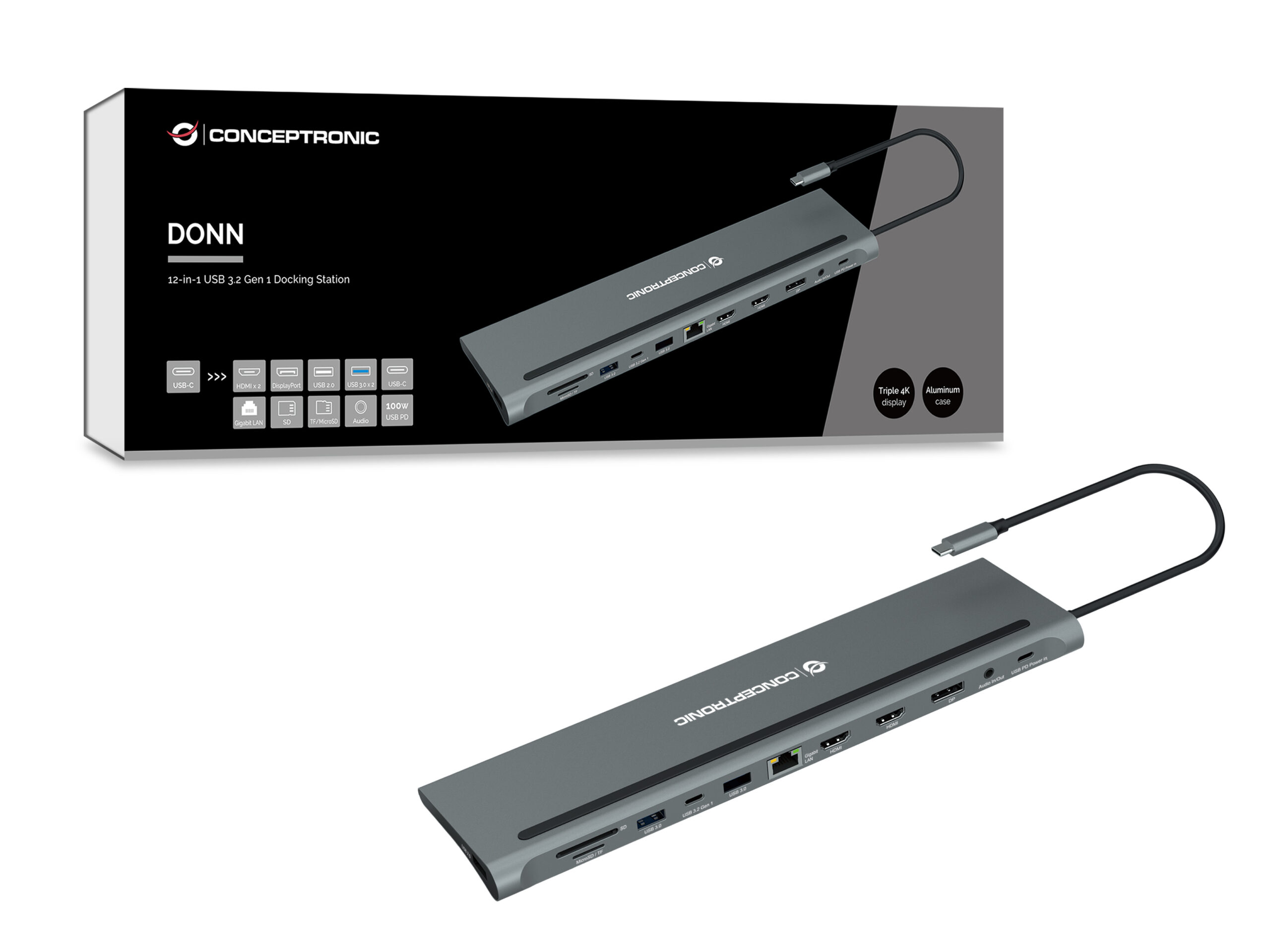 Conceptronic DONN17G base para portátil y replicador de puertos Alámbrico USB 3.2 Gen 1 (3.1 Gen 1) Type-C Gris - Imagen 3