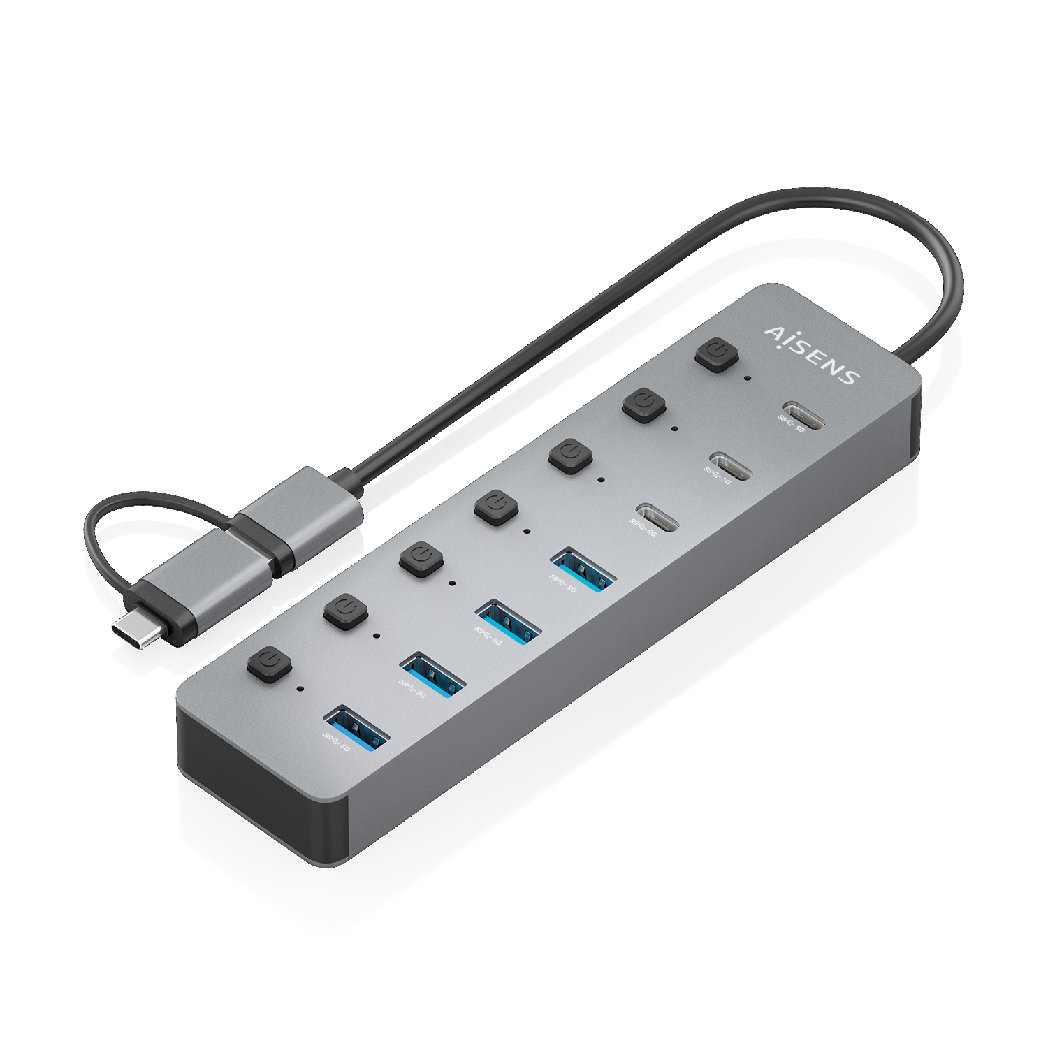 AISENS Hub USB3.1 Gen1 USB-C USB-A, USB-C/M+USB-A/M-4xUSB-A/H+3xUSB-C/H+1xUSB-C/H ALIM., Gris, 30cm - Imagen 2