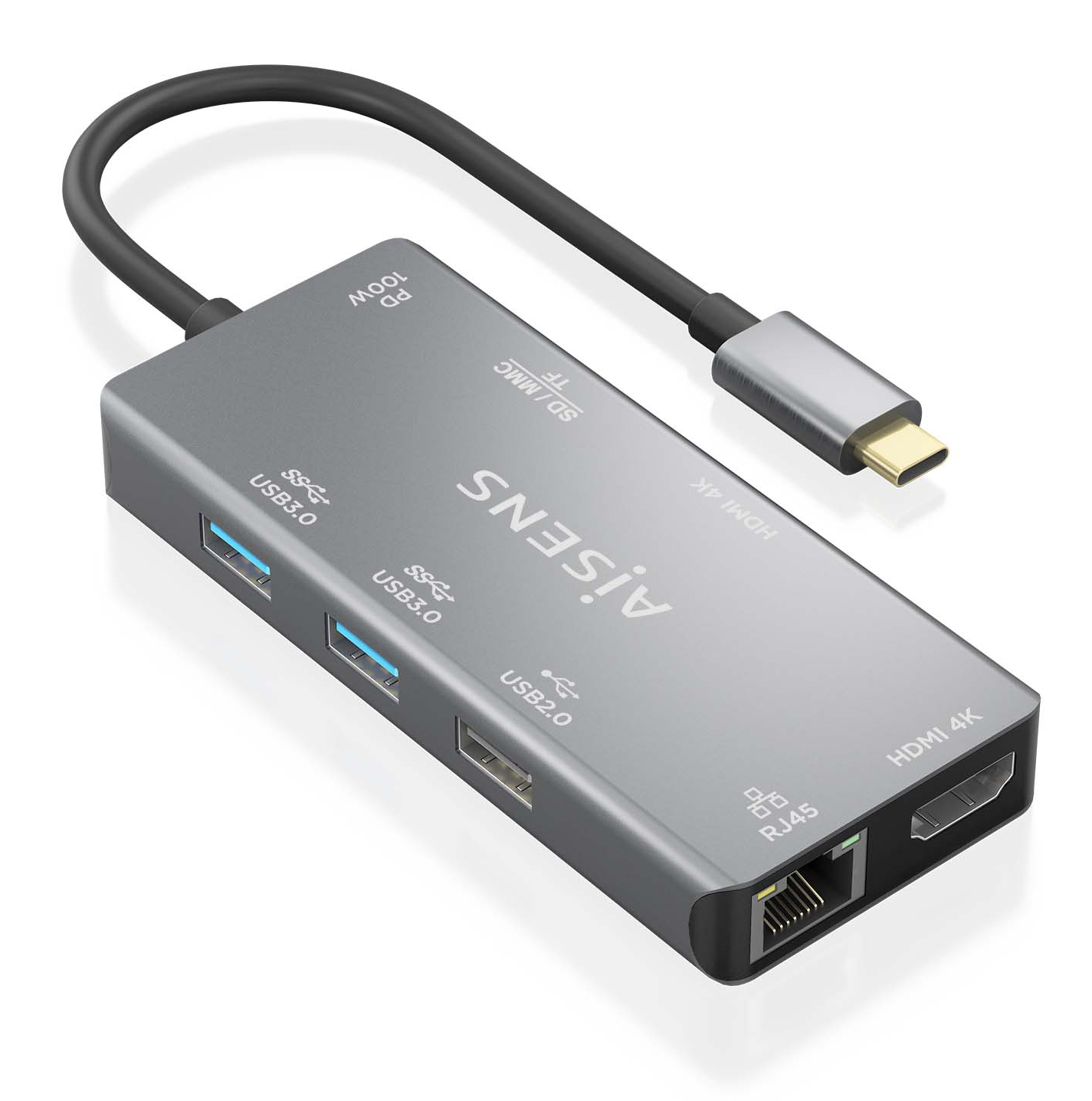 AISENS USB-C Dock 9 En 1, USB-C a 2xHDMI, 1xRJ45, 2xUSB-A USB3.0, 1xUSB-A USB2.0, 1xUSB-C PD, 1xSD, 1xMicro SD, Gris, 15cm - Imagen 2