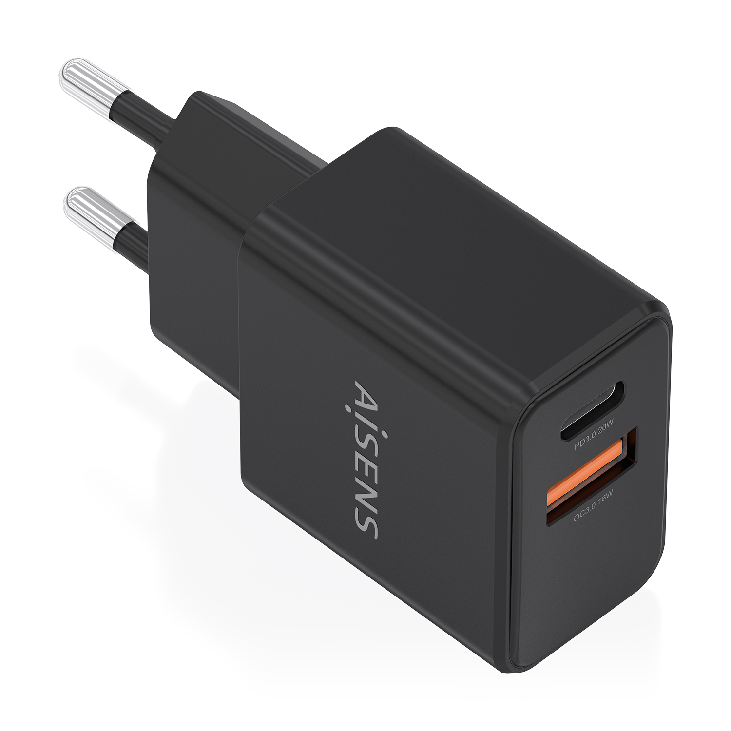 AISENS Cargador GaN 20W, 1xUSB-C PD3.0, 1xUSB-A QC3.0, Negro