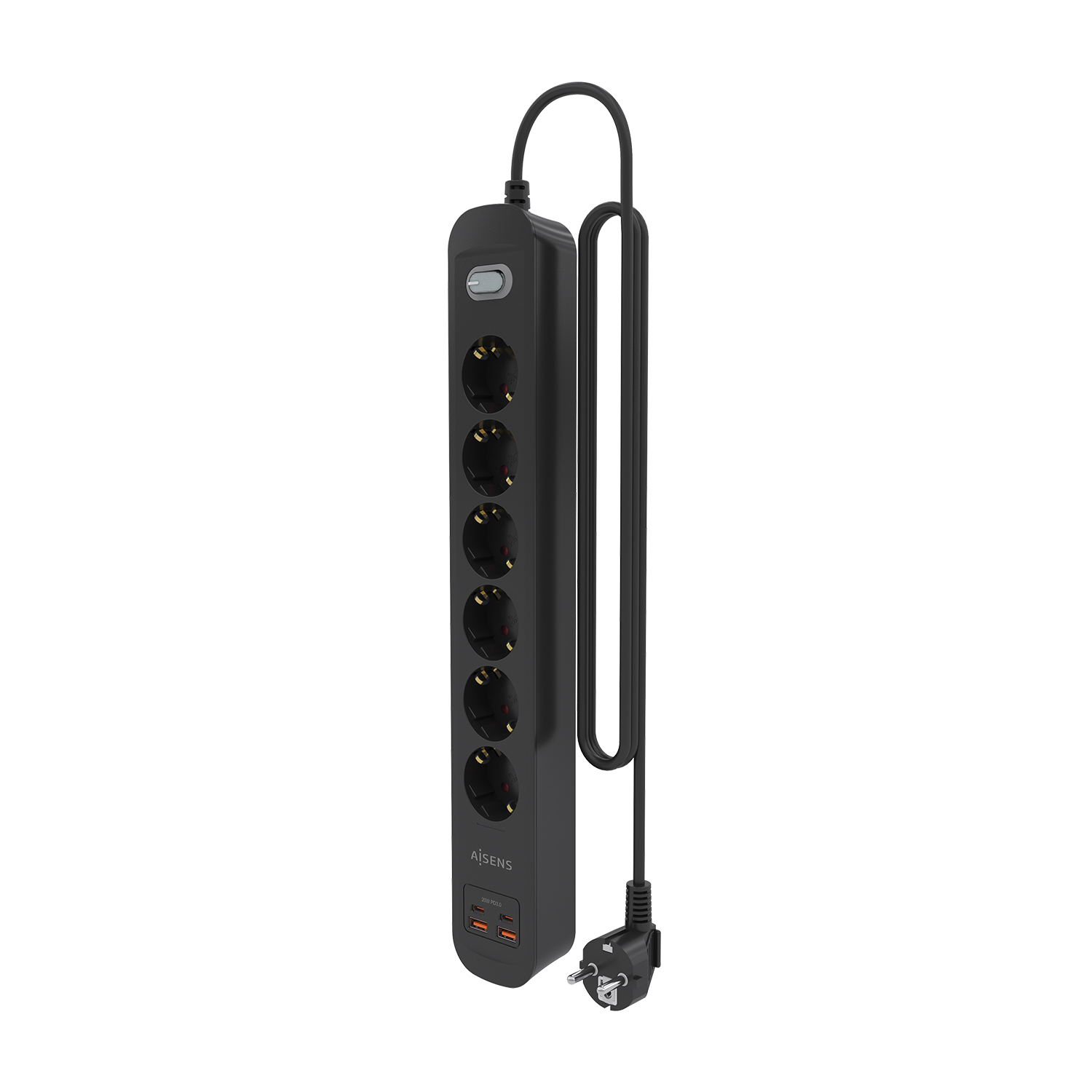 AISENS Regleta de Enchufes Multifuncion con 6 Tomas + Cargador PD3.0 20W 2xUSB-C, 2xUSB-A, 1.4m, Negro - Imagen 3