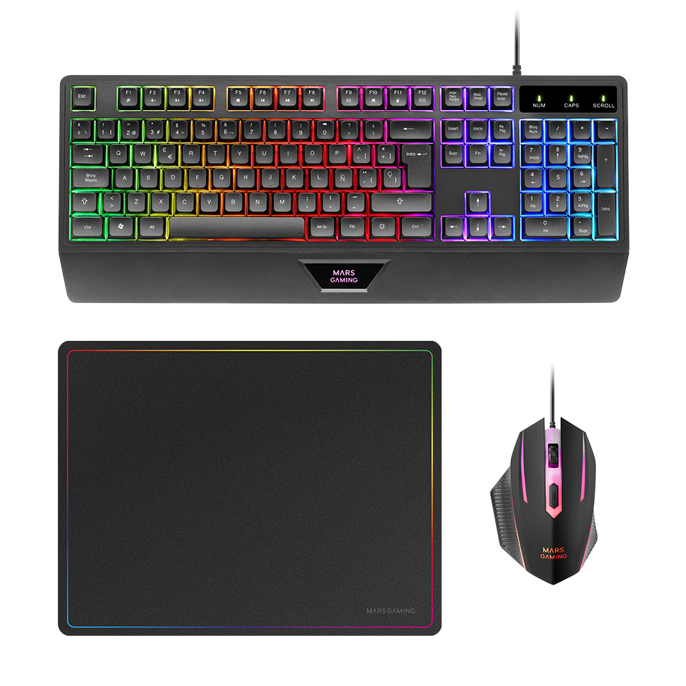 Mars Gaming MCP124, Combo Gaming 3en1, Teclado Ergonómico H-Mech LED RGB, Ratón RGB 3200DPI Switches HUANO, Alfombrilla Nanotextil 360x260mm, Compatibilidad Multiplataforma, Layout Español, Negro