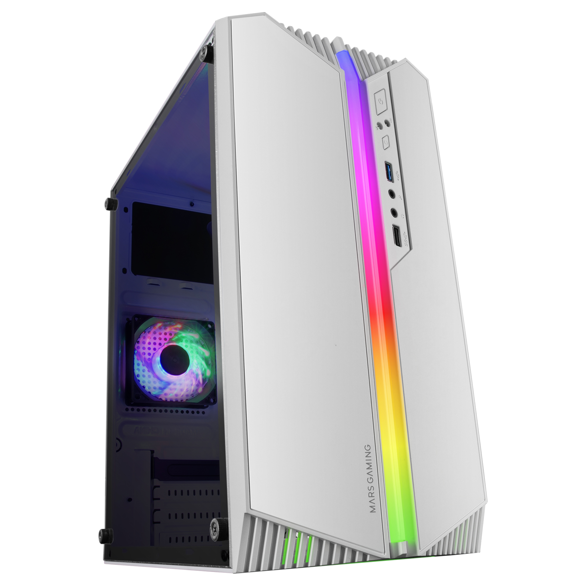 Mars Gaming MC-S1, Caja PC Compacta Gaming Micro-ATX, Iluminación ARGB 12 Modos, Ventilador FRGB, Ventana Lateral Completa RGB, Blanco