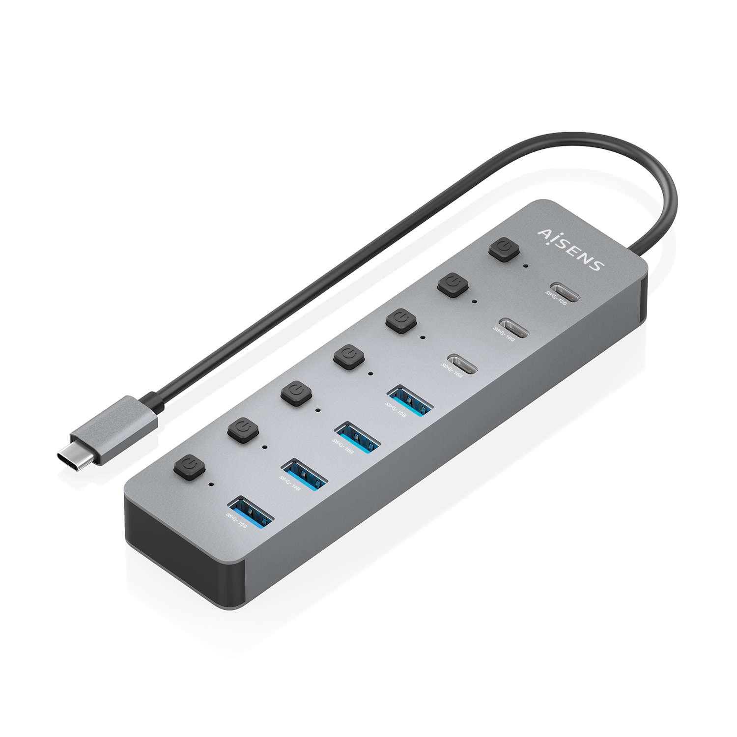 AISENS Hub USB3.2 Gen2 10G USB-C, USB-C/M-4xUSB-A/H+3xUSB-C/H+1xUSB-C/H PD3.0 100W, Gris, 30cm - Imagen 2