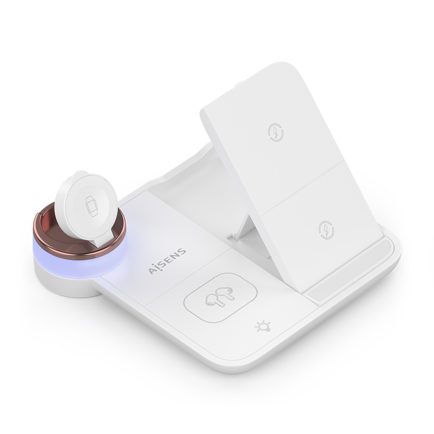 AISENS Cargador Inalambrico USB-C 4 en 1 De 15W Para Movil, Apple Watch, Auriculares Con Estuche De Carga, Blanco - Imagen 2