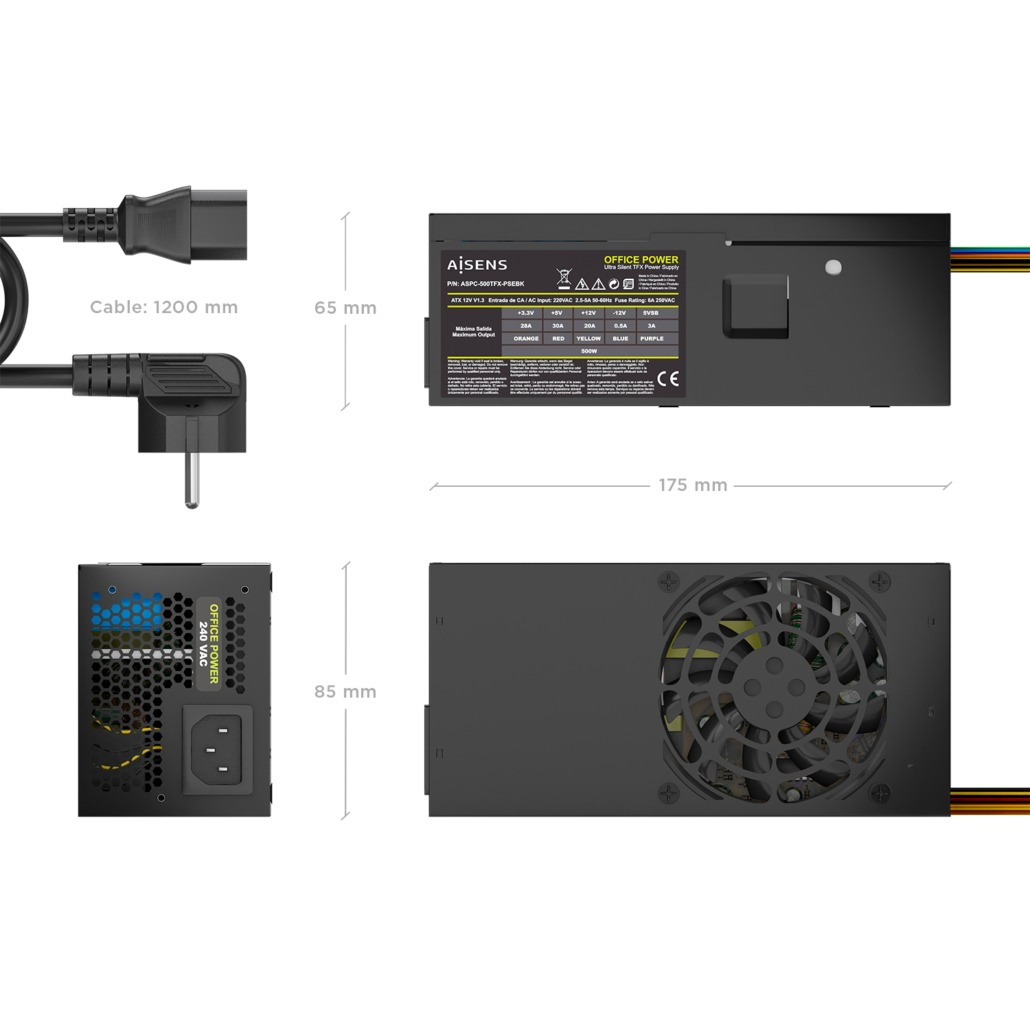 AISENS Fuente Alimentacion TFX 500W con Cable de Alimentacion OEM, Negra - Imagen 3