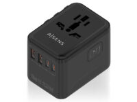 AISENS Adaptador Enchufe Universal Para Viaje EU/USA/UK/AU Con Cargador USB GaN, 2xUSB-A QC3.0, 2xUSB-C PD3.0 25W, Negro