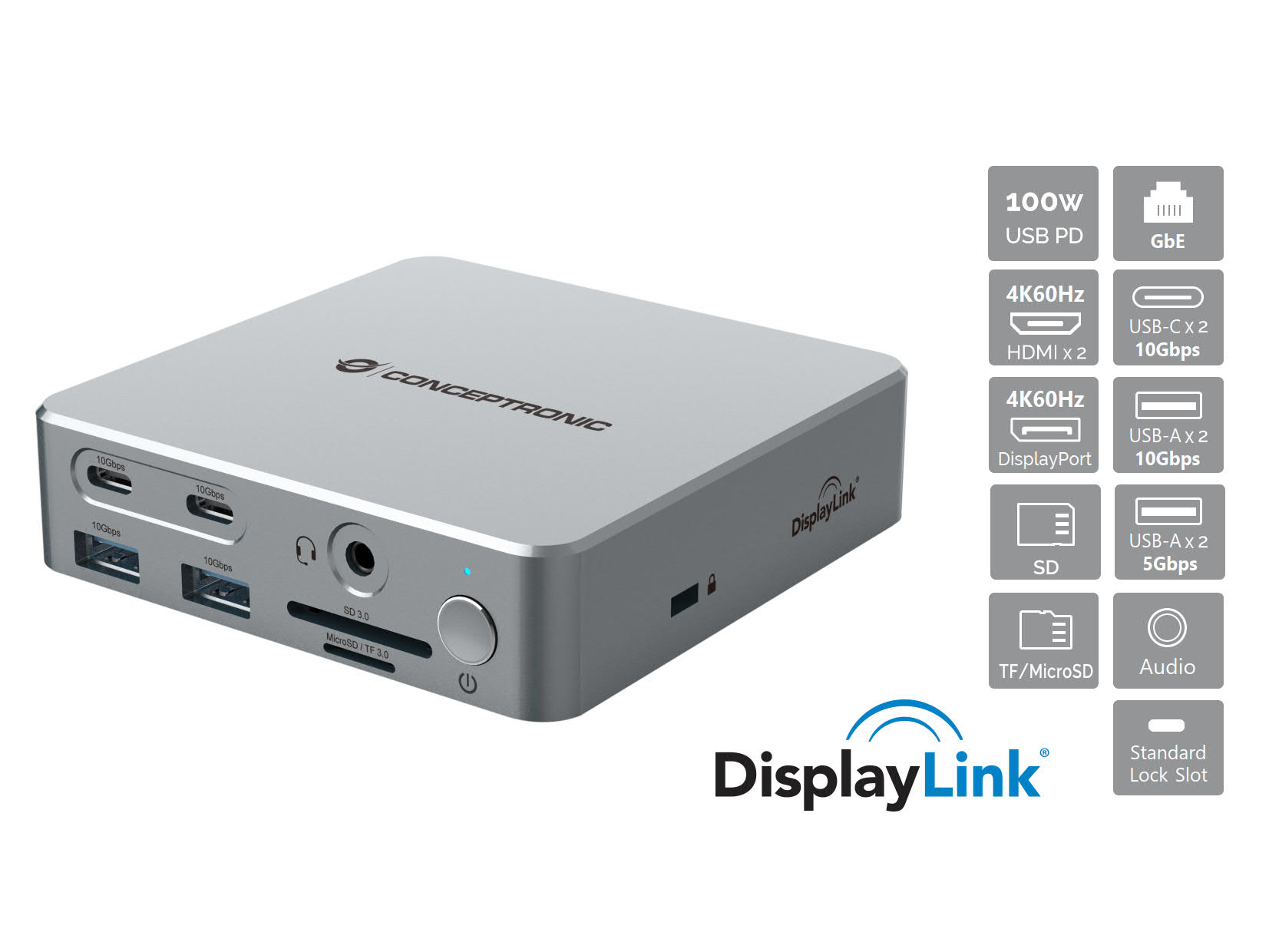Conceptronic DONN25G base para portátil y replicador de puertos Alámbrico USB 3.2 Gen 2 (3.1 Gen 2) Type-C Plata