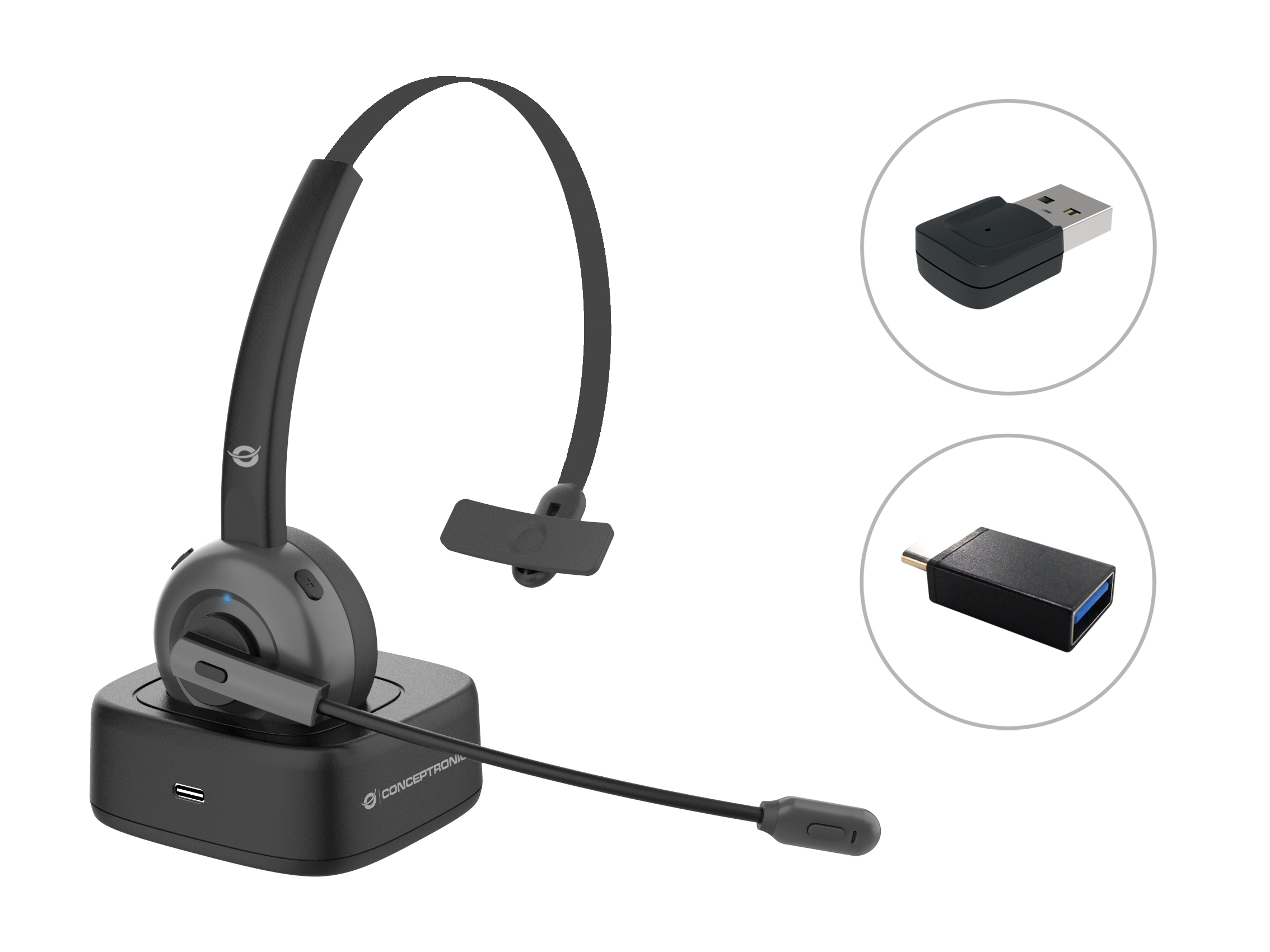 Conceptronic POLONA03BDA auricular y casco Auriculares Inalámbrico Diadema Oficina/Centro de llamadas Bluetooth Base de carga Negro