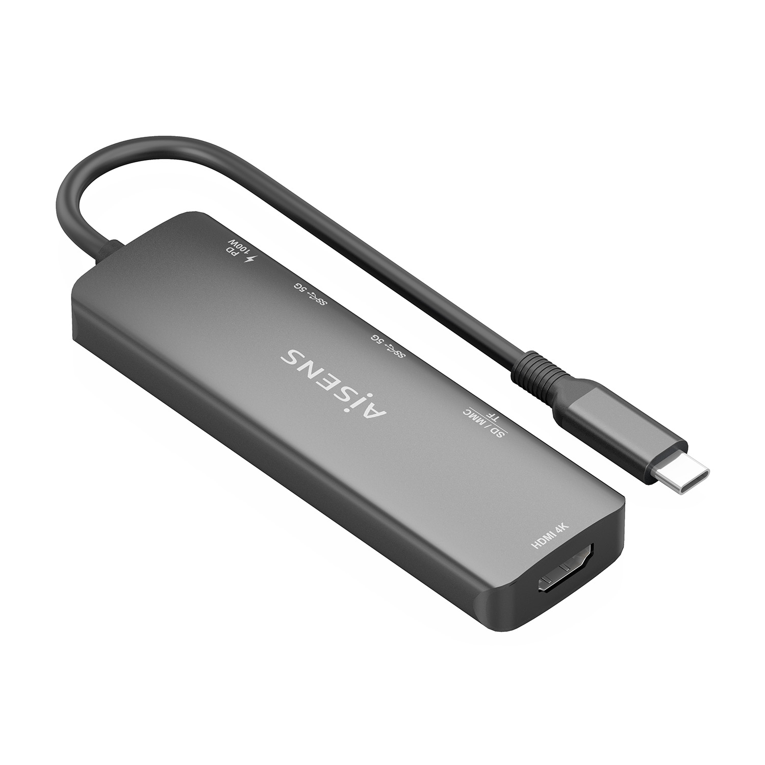 AISENS USB-C Dock 6 en 1, USB-C A, 1x HDMI, 2x USB-A, 1x USB-C PD 100W, 1x SD, 1x MicroSD, Gris, 15cm - Imagen 2