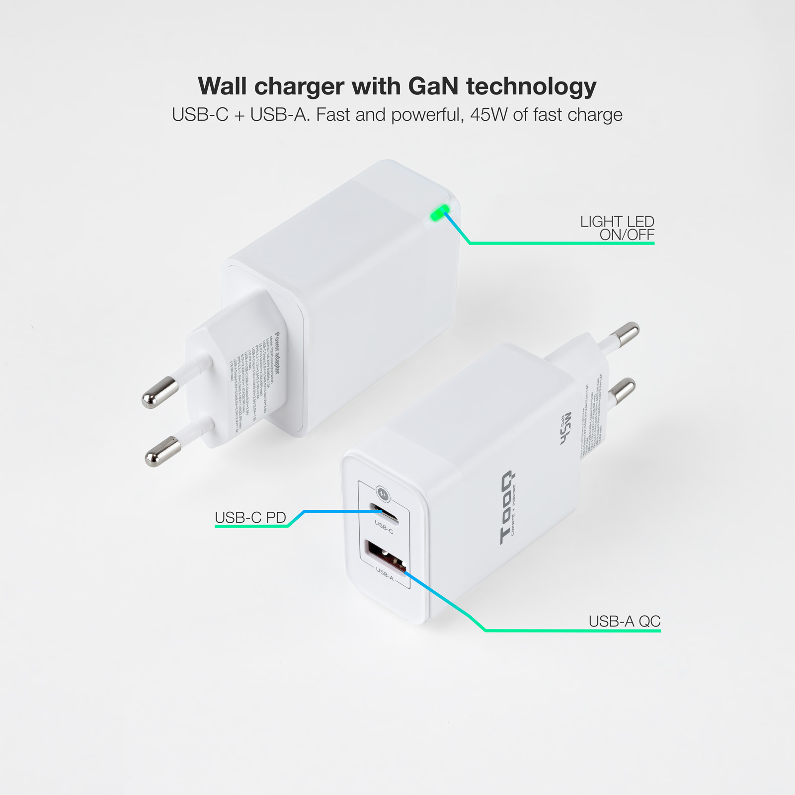 TooQ Cargador de Pared GaN USB-C/PD + USB-A/QC 45W, Blanco - Imagen 2