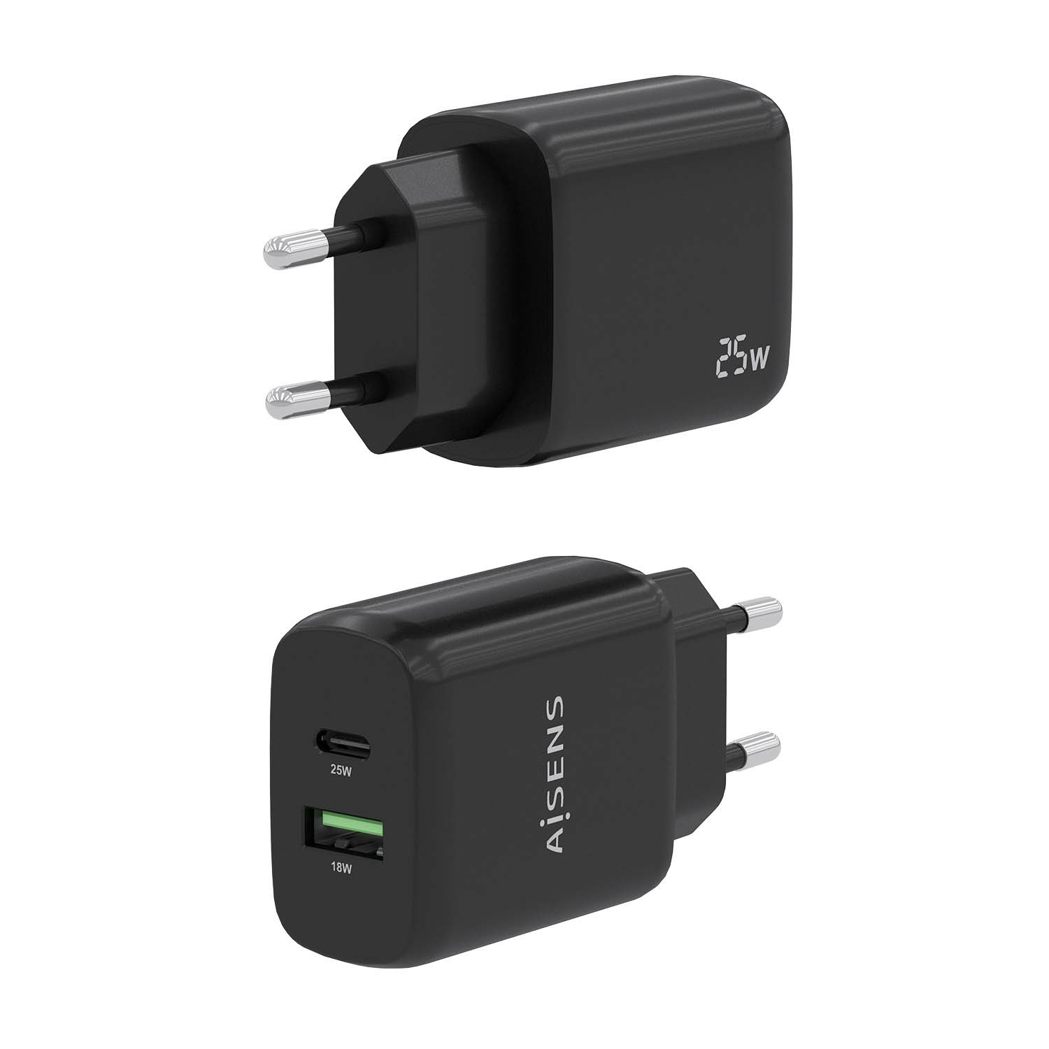AISENS Cargador 25W, 1xUSB-C PD3.0, 1xUSB-A QC3.0, Negro - Imagen 3