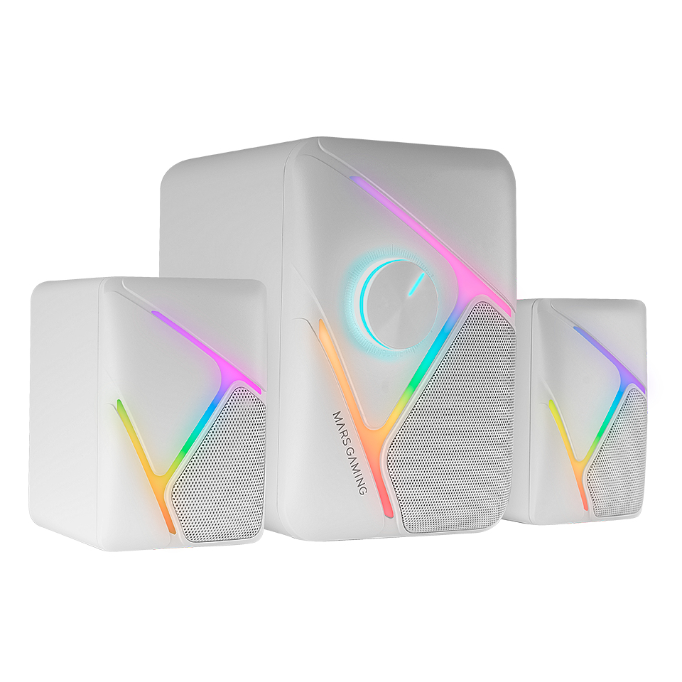Mars Gaming MS-H21, Altavoces Gaming RGB 2.1 y Subwoofer 35W, Sistema Drivers Invertidos 3D Surround, Altavoces Compactos con Iluminación Dinámica RGB, Alimentación USB y Conector Jack 3.5mm, Blanco - Imagen 2