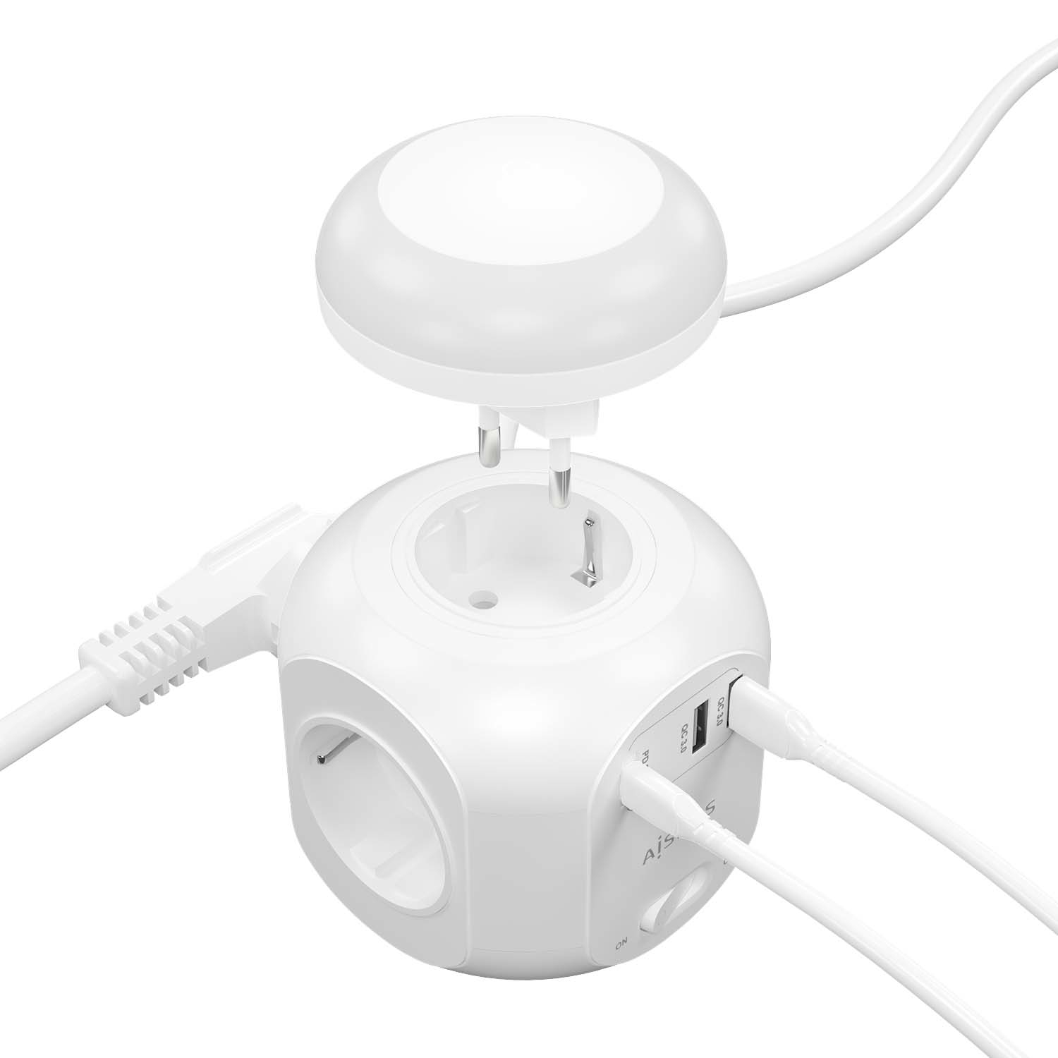 AISENS Regleta de Enchufes Sobremesa Multifuncion con 4 Tomas + 1xUSB-C 20W PD3.0, 2xUSB-A 18W QC3.0, Luz Nocturna, 1.8M, Blanco - Imagen 3