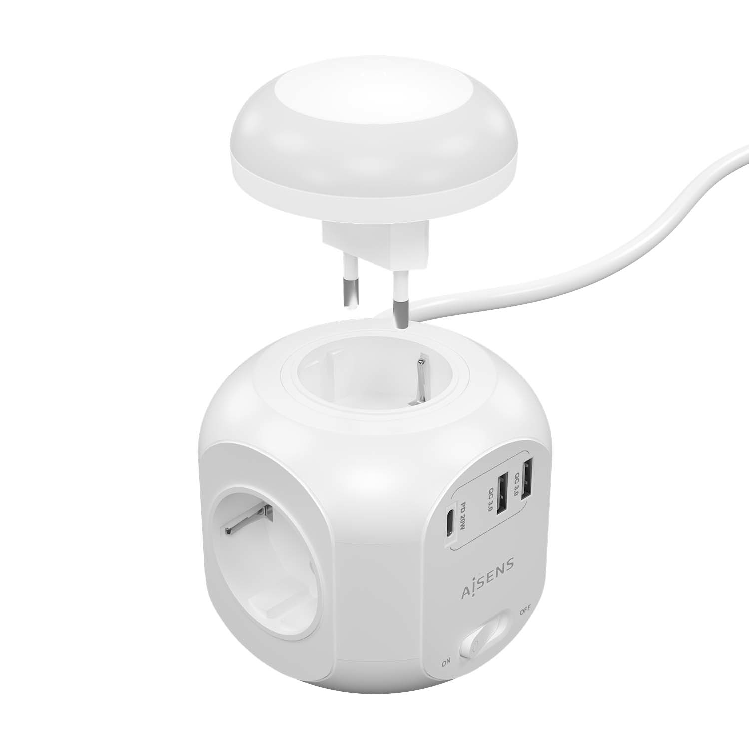 AISENS Regleta de Enchufes Sobremesa Multifuncion con 4 Tomas + 1xUSB-C 20W PD3.0, 2xUSB-A 18W QC3.0, Luz Nocturna, 1.8M, Blanco - Imagen 2