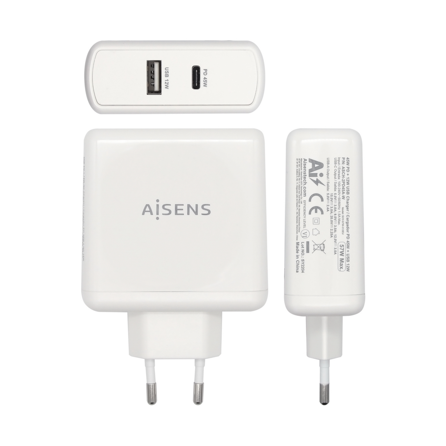 AISENS Cargador 57 W, 1x USB-C PD3.0 45 W, 1x USB-A 5 V / 2.4 A 12 W, Blanco - Imagen 2