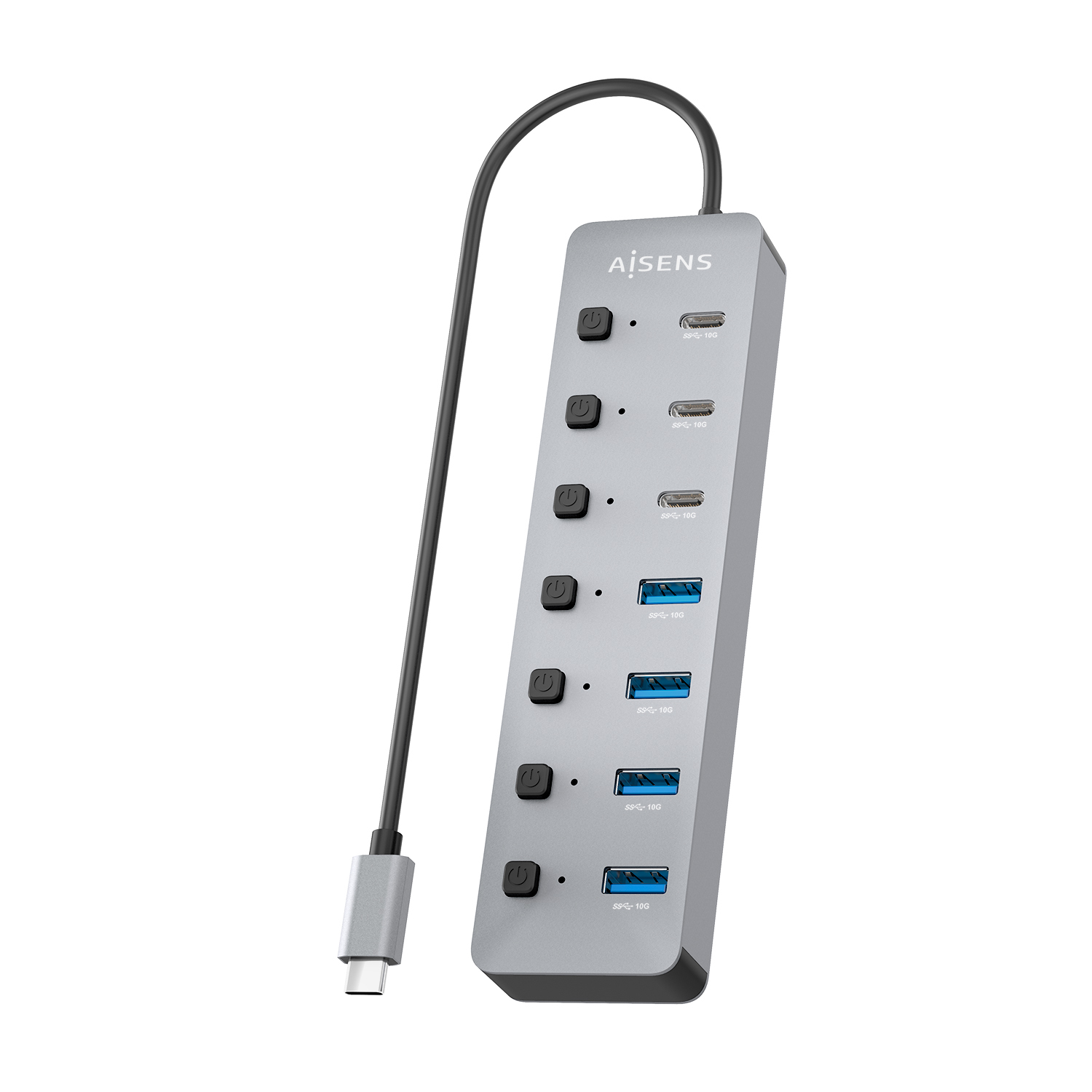 AISENS Hub USB3.2 Gen2 10G USB-C, USB-C/M-4xUSB-A/H+3xUSB-C/H+1xUSB-C/H PD3.0 100W, Gris, 30cm - Imagen 3