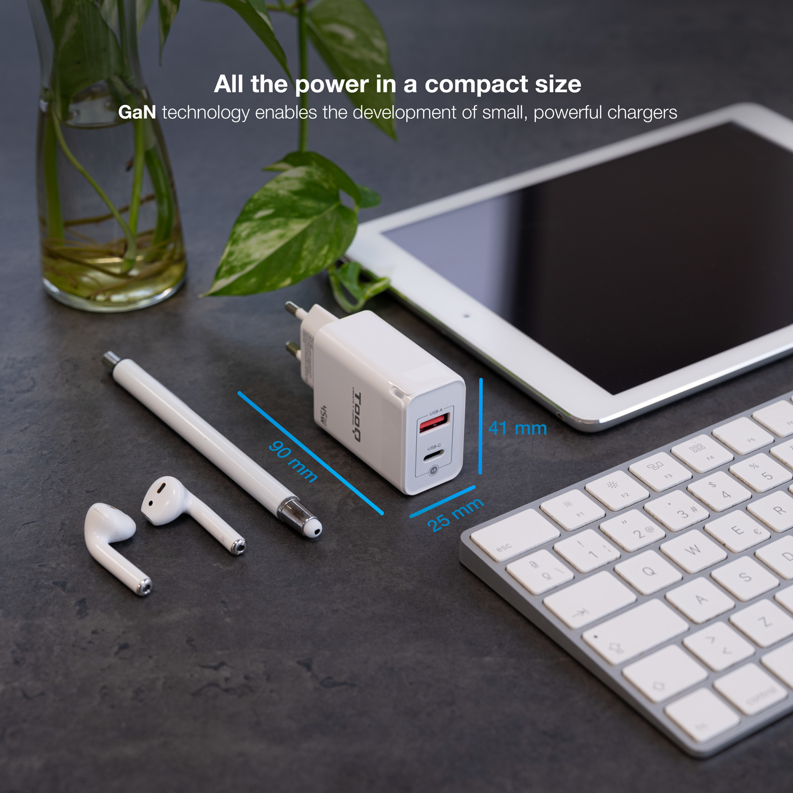 TooQ Cargador de Pared GaN USB-C/PD + USB-A/QC 45W, Blanco - Imagen 3
