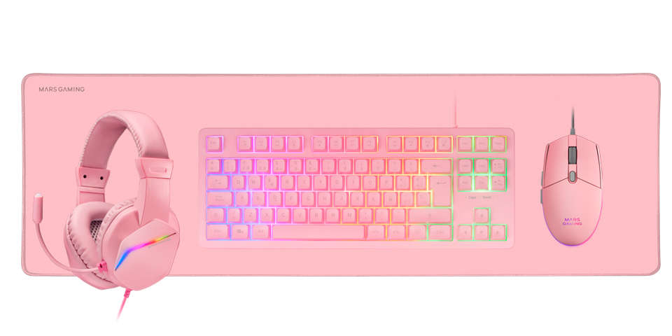 Mars Gaming MCP-RGB3, Pack Gaming Teclado Fixed RGB + Ratón Gaming RGB Flow 3200 DPI + Auriculares Over-Ear RGB + Alfombrilla XXL, Rosa, Idioma Español - Imagen 2