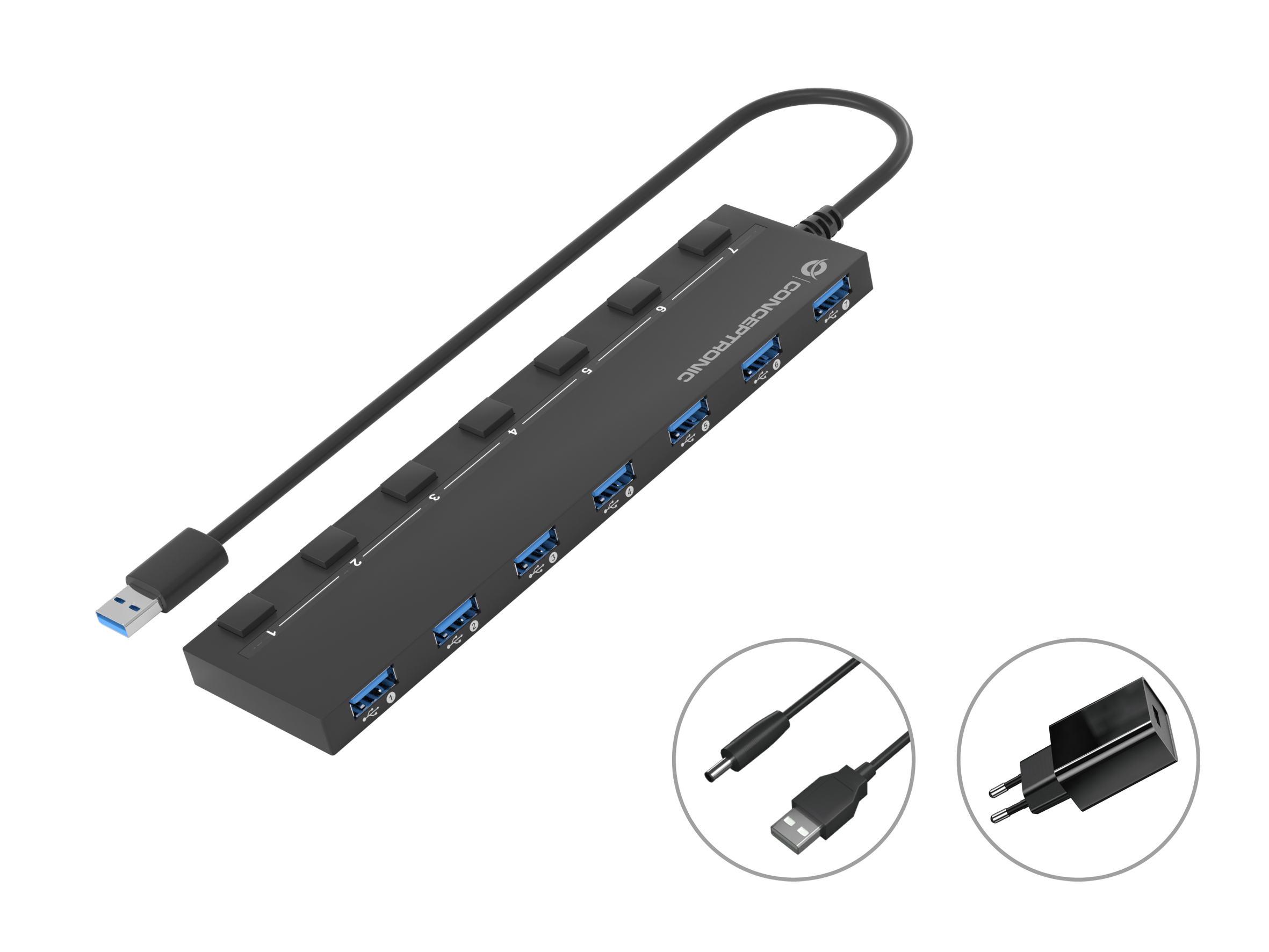 Conceptronic HUBBIES19BP hub de interfaz USB 3.2 Gen 1 (3.1 Gen 1) Type-A 5000 Mbit/s Negro