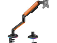 AISENS Soporte de Mesa RGB Gaming contrapeso giratorio e inclinable para Monitor/TV 9Kg (3 Pivotes, 1 Brazo) de 17-32, Negro-Naranja