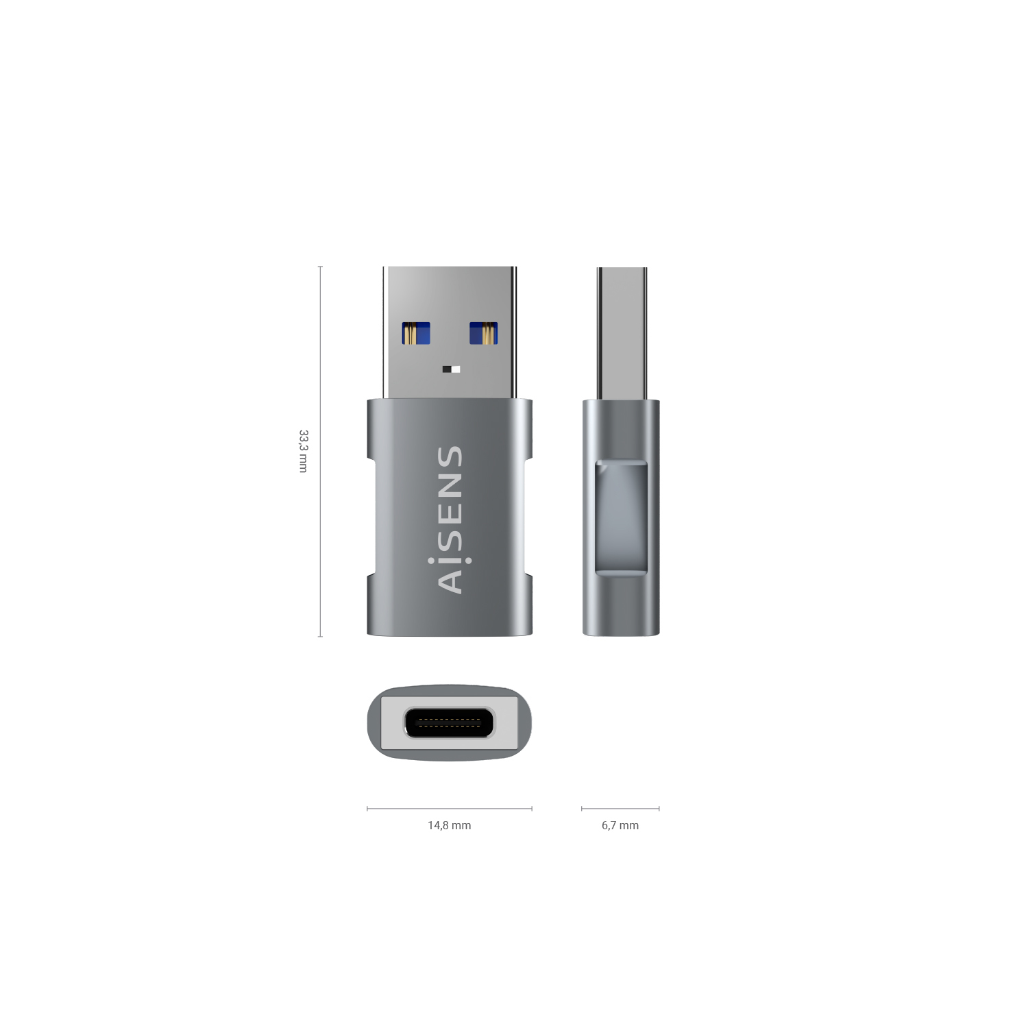 AISENS Mini Adaptador USB 3.2 GEN2 10G 3A, Tipo USB-C/H-A/M, Gris - Imagen 3