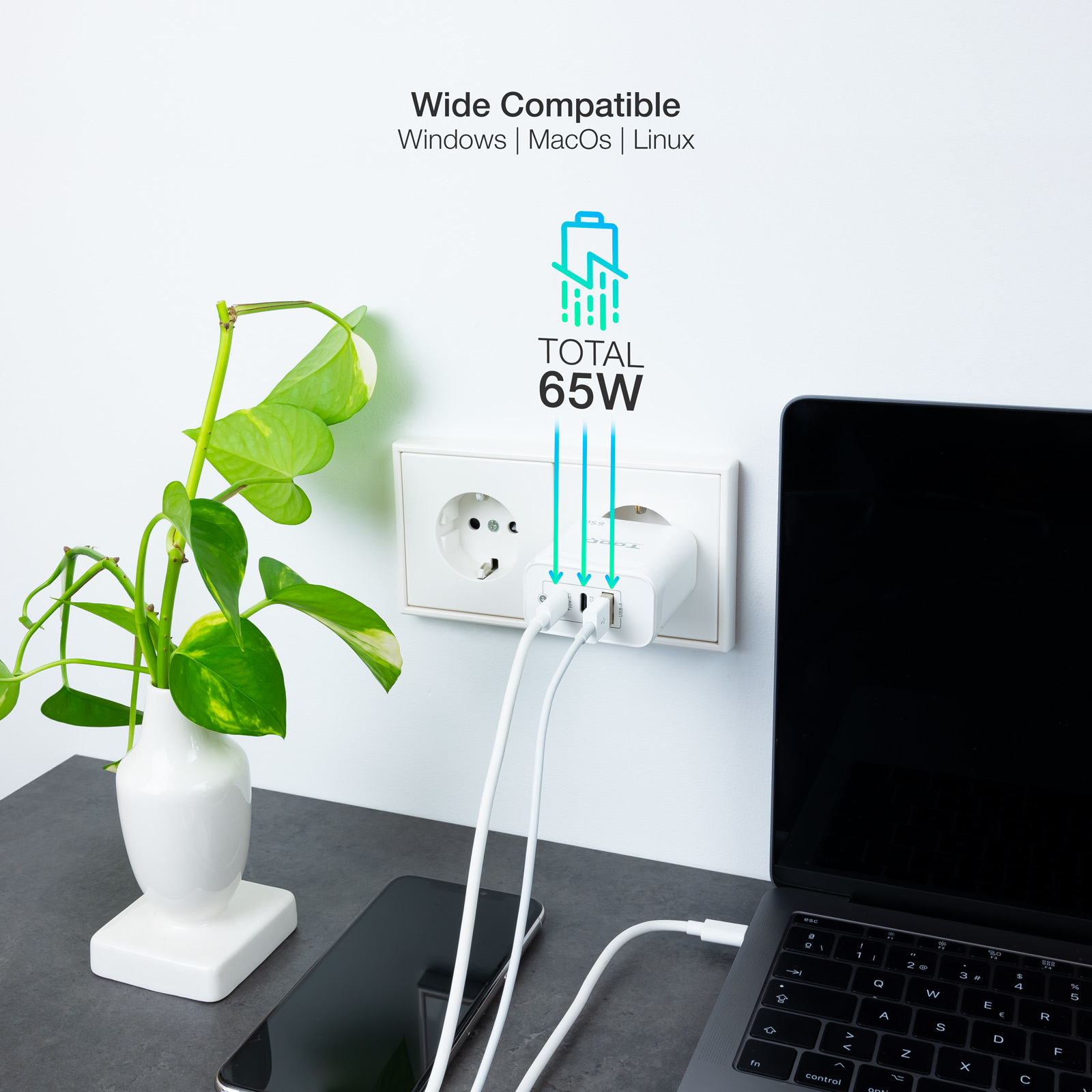 TooQ Cargador de Pared GaN 2USB-C/PD + USB-A/QC 65W, Blanco - Imagen 3