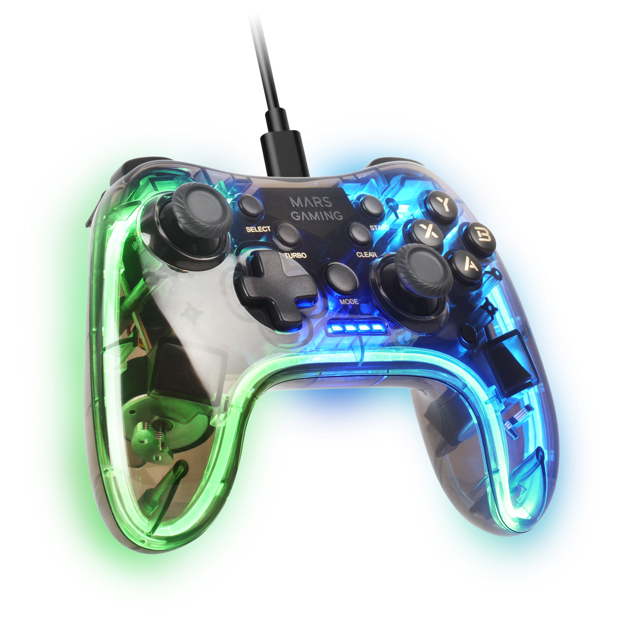 Mars Gaming MGP-C, Gamepad Profesional Neón RGB, Vibración Háptica Dual, Joysticks Analógicos, Mando para PC, Switch, PS3, Raspberry Pi, Mac, Android, Transparente, MGPC, Transparente - Imagen 3