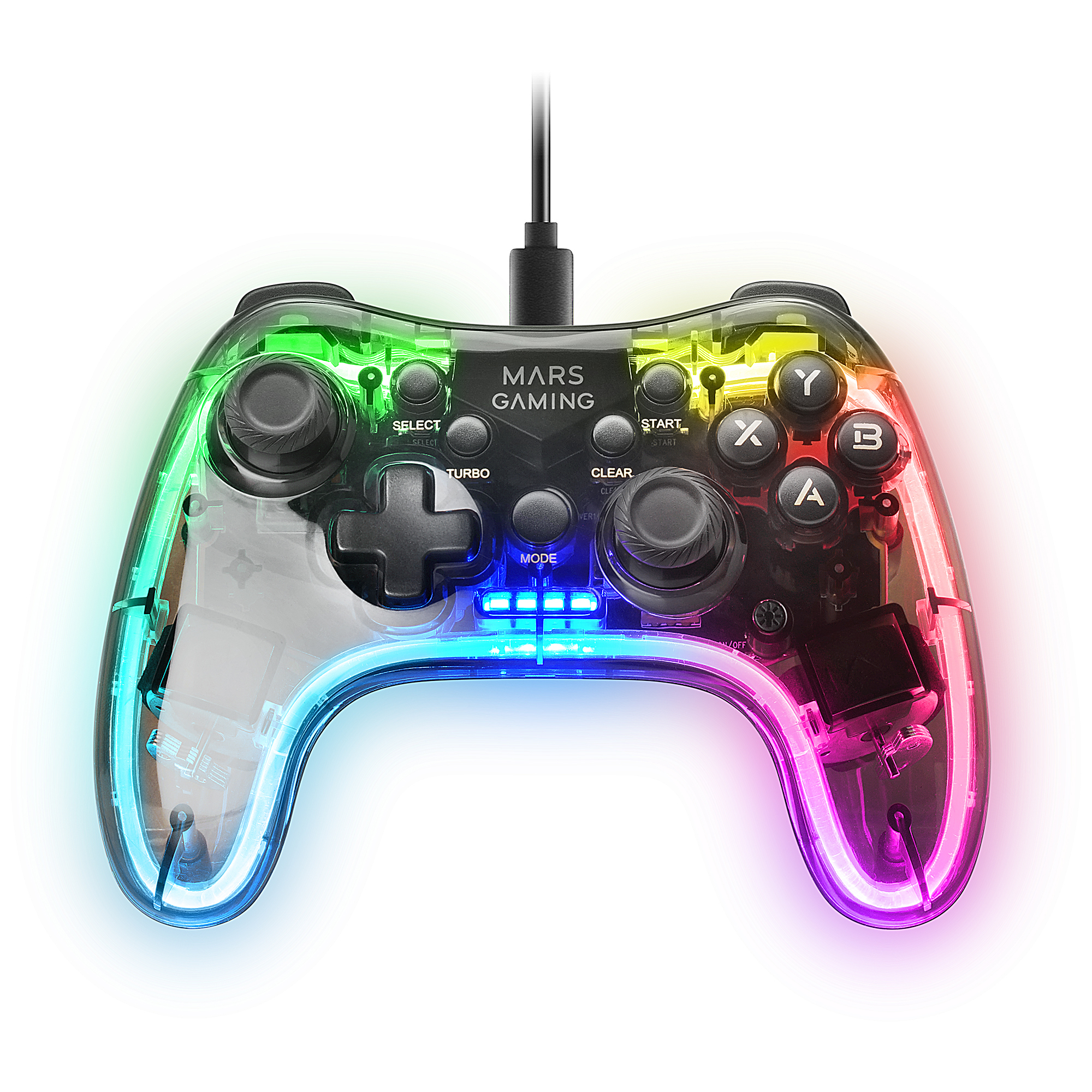 Mars Gaming MGP-C, Gamepad Profesional Neón RGB, Vibración Háptica Dual, Joysticks Analógicos, Mando para PC, Switch, PS3, Raspberry Pi, Mac, Android, Transparente, MGPC, Transparente - Imagen 2