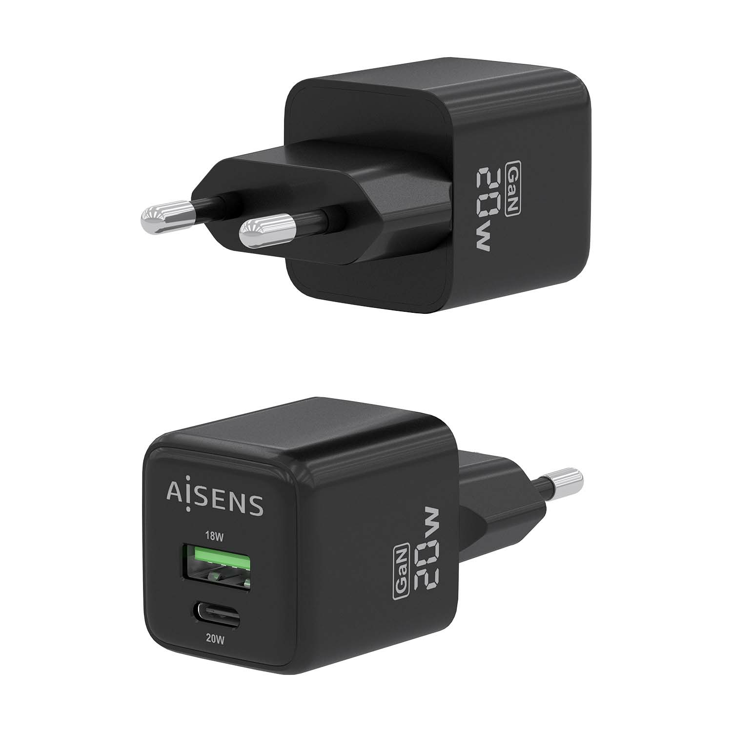 AISENS Cargador GaN 20W, 1xUSB-C PD3.0 QC4.0, 1xUSB-A QC3.0, Negro - Imagen 3