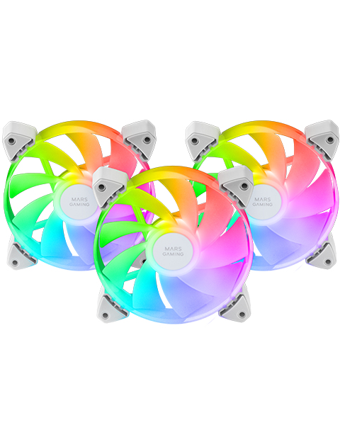 Mars Gaming MF-3AR, Kit 3x Ventiladores 120mm FDB, Aspas Invertidas, Iluminación ARGB 360° Sin Marco, Iluminación Anillo Completa, Ventiladores PC con Compatibilidad Total ARGB, Doble Conector, Blanco