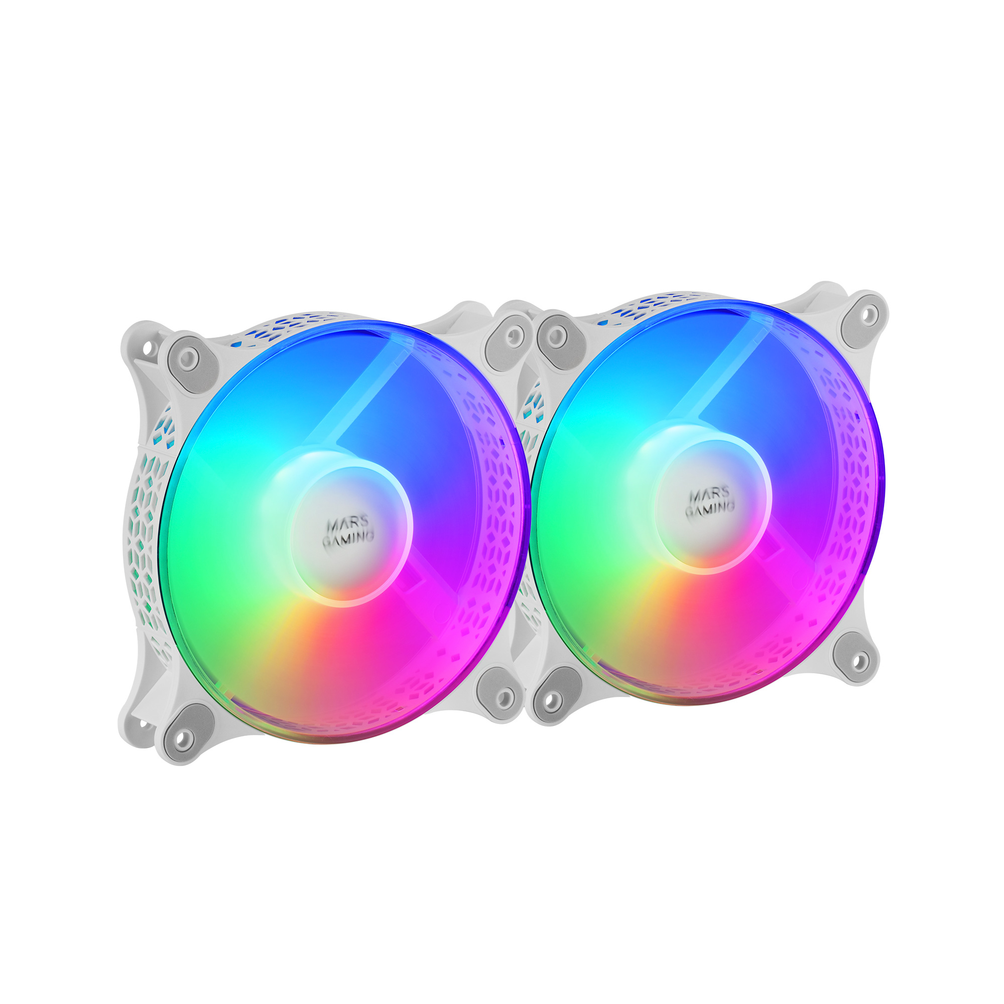 Mars Gaming MFDUO, Kit 2 Ventiladores FRGB Rainbow 360°, Ultra-silencioso, Doble Conexión 3PIN + 4PIN, Blanco