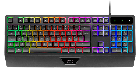 Mars Gaming MK124, Teclado Ergonómico H-Mech, Reposamuñecas Integrado, Iluminación FRGB Rainbow, Teclado Gaming Antighosting Avanzado, Teclado PC Completo Multiplataforma, Idioma Español, Negro