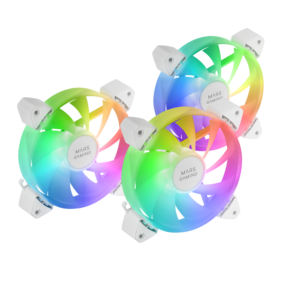 Mars Gaming MF-3A, Kit 3x Ventiladores FDB Ultrasilenciosos 120mm, Iluminación ARGB Rainbow 360º Sin Marco, Ventialdores 3en1 con Compatibilidad Total ARGB, Doble Conector ARGB Macho + Hembra, Blanco - Imagen 2